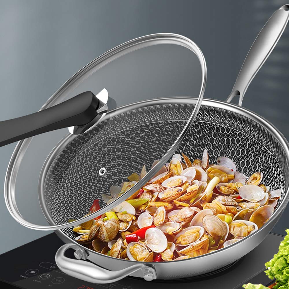 Double Sided Non-Stick Honeycomb Wok - Stainless Steel Frying Pan with Glass Lid - Compatible with Gas & Induction Stoves - Perfect for Stir-Fry, Deep Frying & Asian Cooking