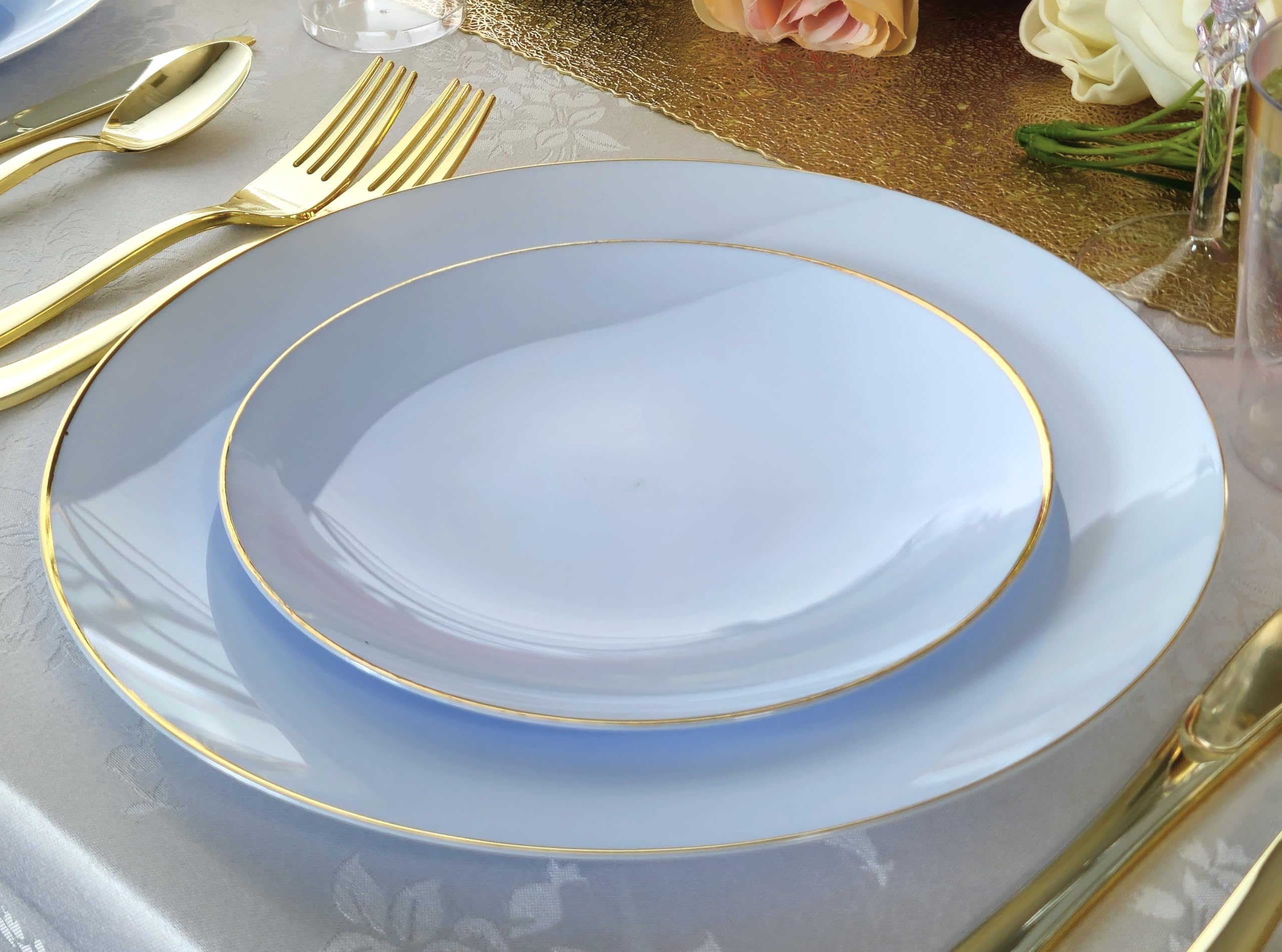 240 Pack Disposable Plastic Plates for Wedding & Party - 10.25 Inch Dinner Plates in Elegant Bali Blue & Gold - Perfect for Birthday, Baby Shower, Anniversary & Special Events