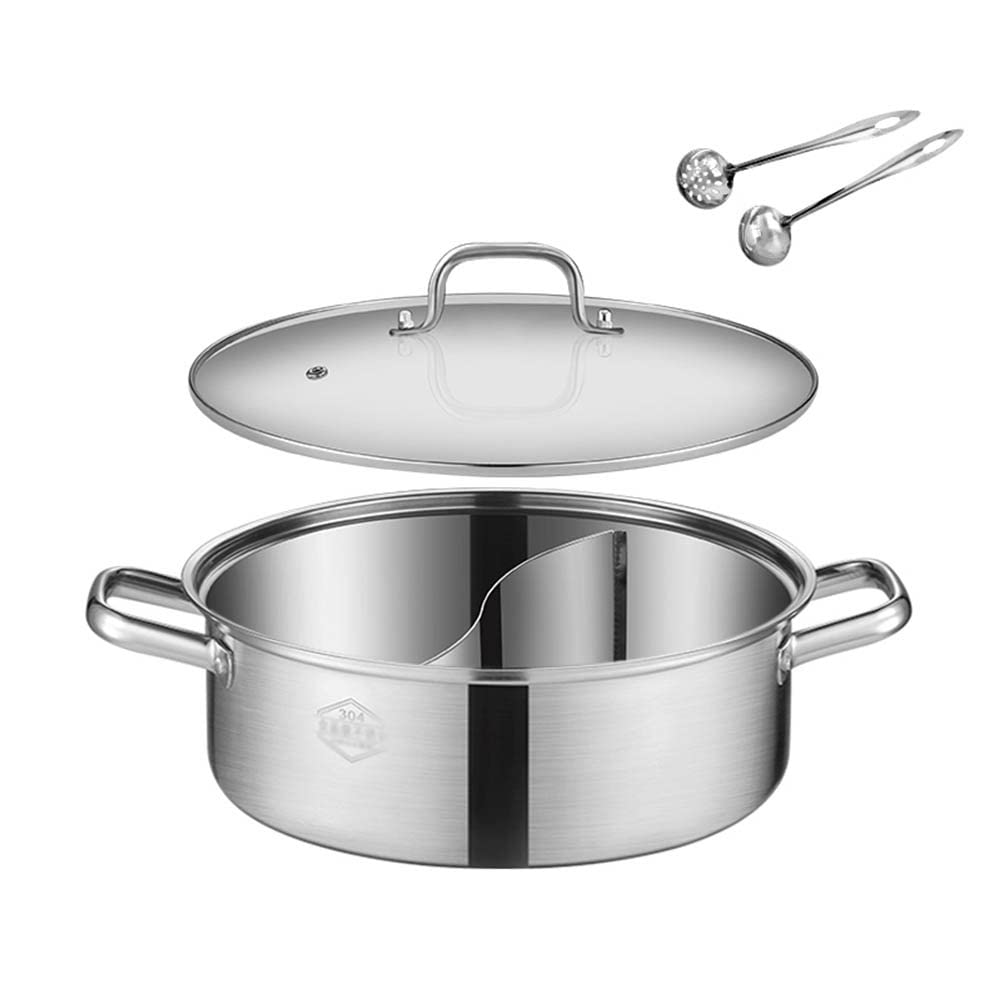 YAYADU Stainless Steel Hot Pot Cooker with Divider & Lid - 28cm Mandarin Duck Soup Pot for Induction Cooktop & Gas Stove - Perfect for Family Meals, Hot Pot Parties & Asian Cooking (Silver)