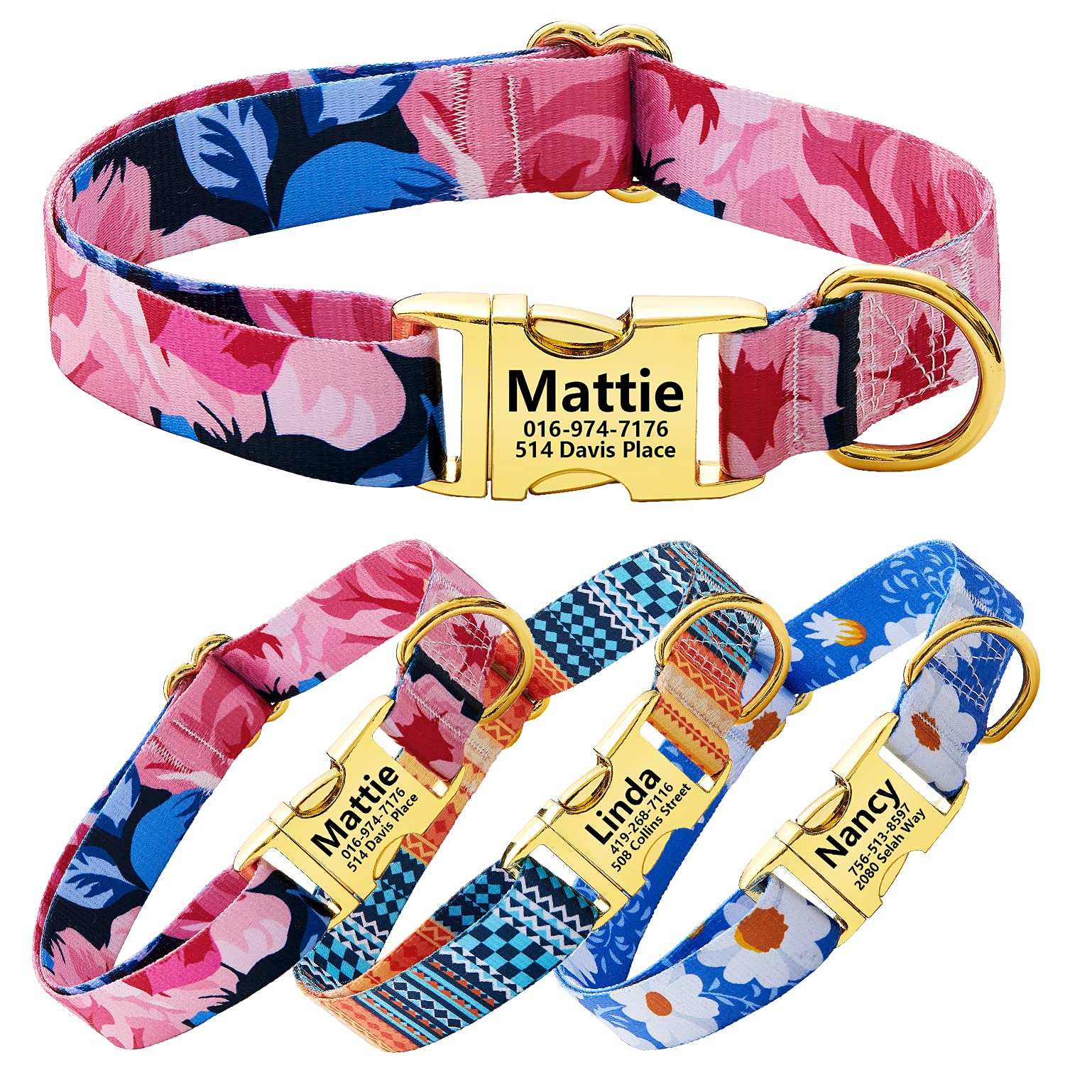 BMusdog Personalized Engraved Dog Collar with Phone Number - Soft Flower Print Padded Pet Collar with Metal Buckle for Small/Medium Dogs (Blue Rose) - Perfect for Daily Walks & Outdoor Adventures