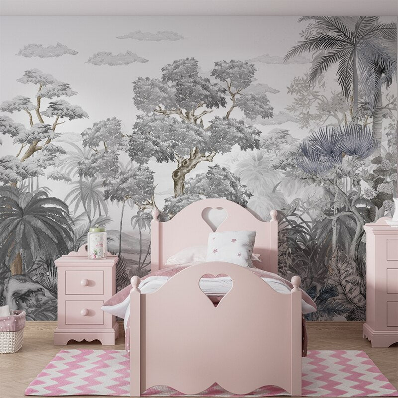 Elegant Black and White Jungle Mural Wallpaper - Nature-Inspired Peel and Stick Wall Decor for Living Room, Bedroom, Nursery | Perfect for Boho, Safari or Tropical Theme Rooms