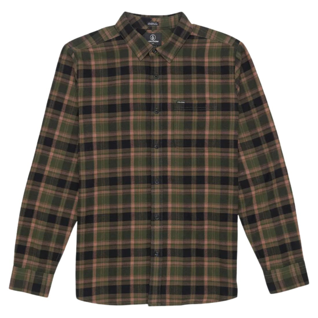 Volcom Men's Caden Plaid Long Sleeve Button-Down Shirt - Squadron Green Checkered Flannel for Casual Wear & Outdoor Activities A0542406