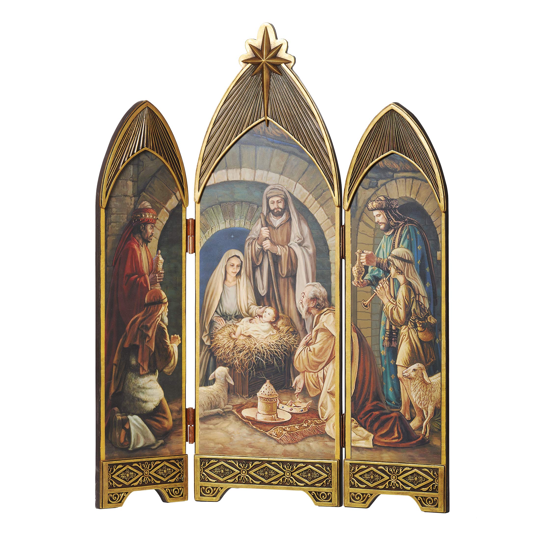 Joseph's Studio by Roman - Faux Oil Paint Nativity Triptych, Holy Family with Shepherds and Three Kings, Tri-Fold Religious Art with Gold Relief Applique Trim, 28