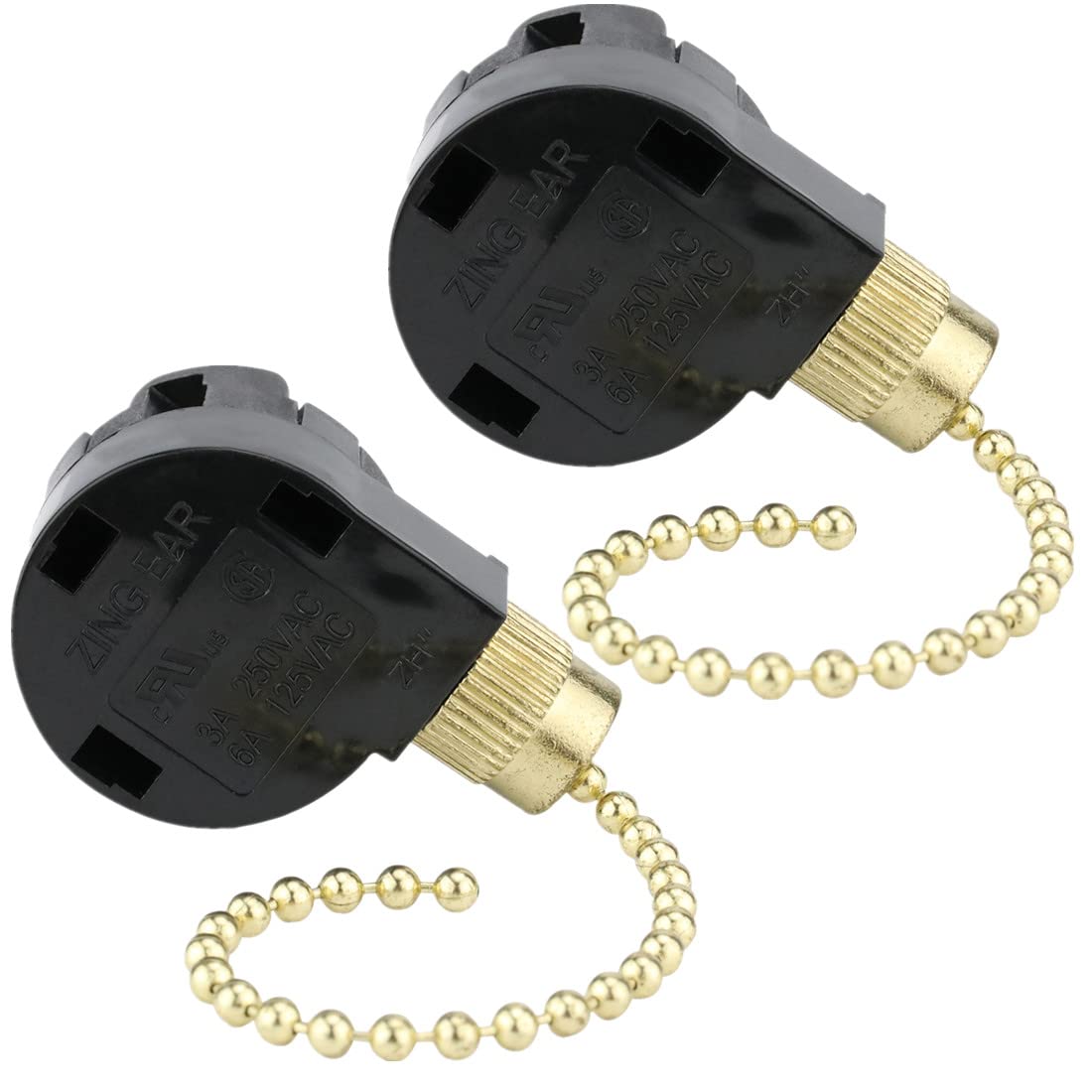 3 Speed 4 Wire Ceiling Fan Switch with Pull Chain - Zing Ear ZE-268S2 - Brass Ceiling Fan Speed Control Switch for Ceiling Fans, Wall Lamps & Cabinet Lights (2 Pack) - Perfect for Bedroom, Living Room & Home Office Lighting Control