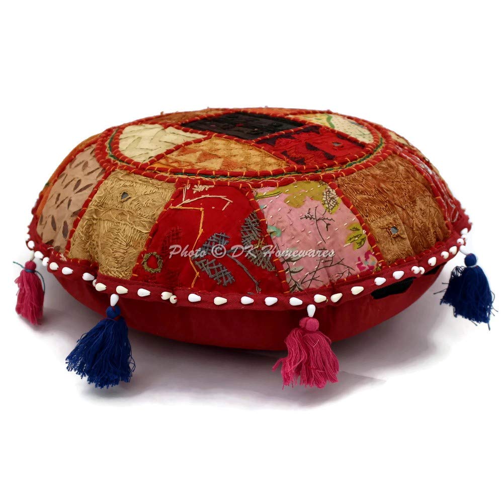 Bohemian Round Floor Pillow Cover 18 Inch - Multicolor Patchwork Cotton Yoga Pouffe Footstool - Vintage Embroidered Indian Cushion for Adults (18x18 Inches) - Perfect for Meditation, Yoga, Living Room Decor & Cozy Seating