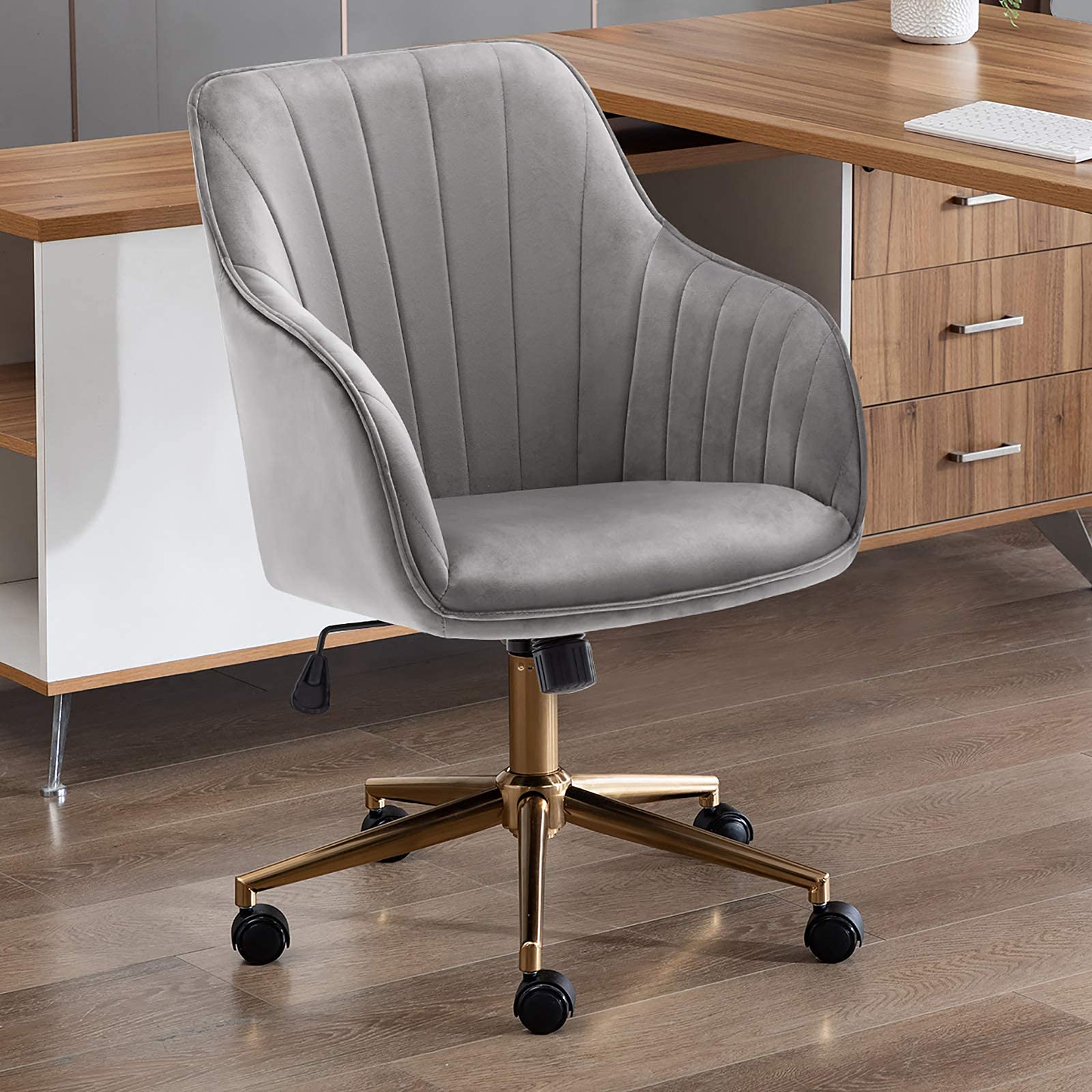DUHOME Velvet Upholstered Office Chair - Adjustable Height Swivel Rolling Task Chair with Gold Metal Base - Ergonomic Computer Desk Chair for Home Office, Study & Gaming - Grey Modern Workspace Seating