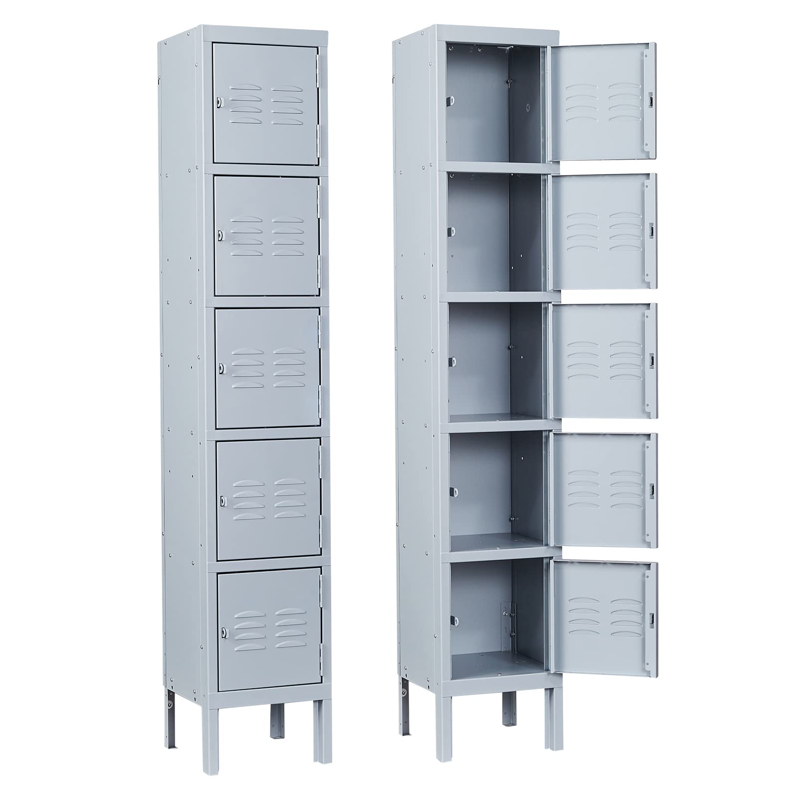 5-Tier Steel Storage Locker with 5 Doors - Heavy Duty Metal Locker for School, Home, Office & Gym - Secure Grey Organizer for Sports Equipment, Books & Office Supplies