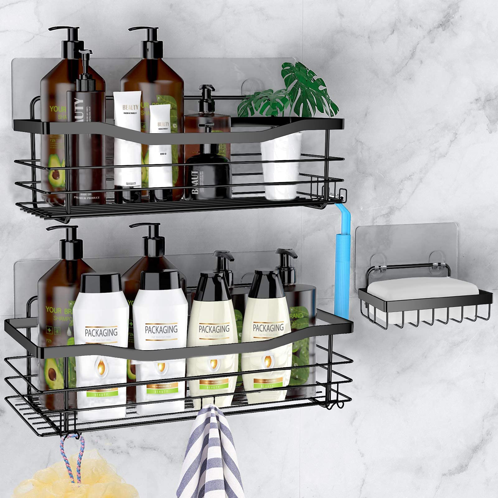 Orimade 3-Pack Black SUS304 Stainless Steel Shower Caddy with 5 Hooks - Bathroom Organizer, Soap Dish Holder & Wall Mounted Storage Shelf (No Drilling Adhesive) - Perfect for Shower, Kitchen & Bathroom Organization