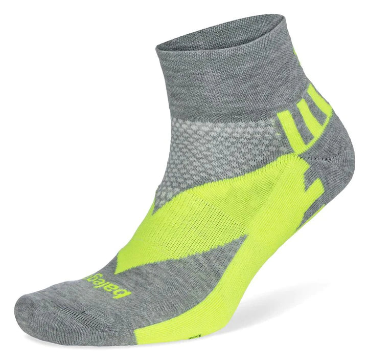 BALEGA Enduro Reflect Quarter Running Socks - Reflective Mid Grey/Neon Lime for Night Jogging & Outdoor Activities
