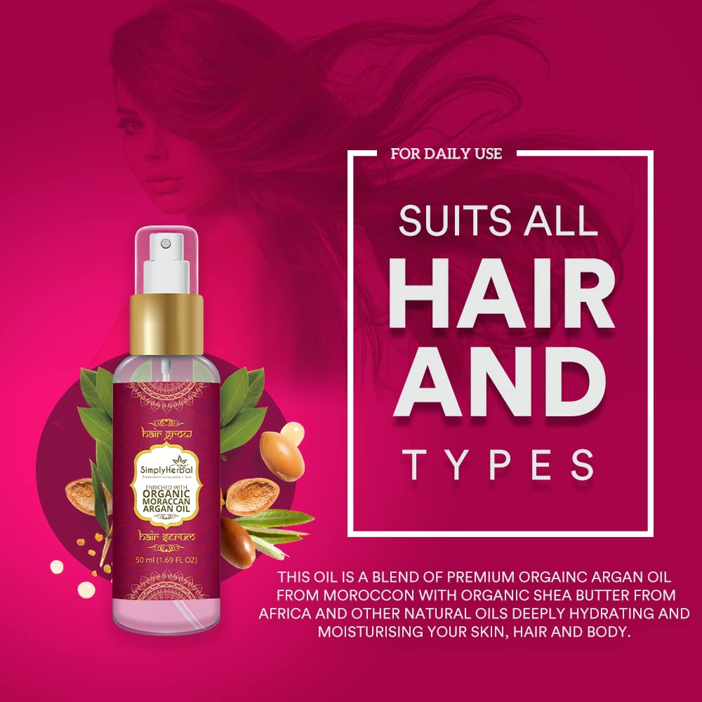 Organic Moroccan Argan Oil Hair Serum - Total Repair & Instant Smoothing Treatment for Frizzy & Dry Hair - Enriched with Jojoba & Almond Oil - 50ml - Perfect for Daily Hair Care, Salon-Quality Results at Home