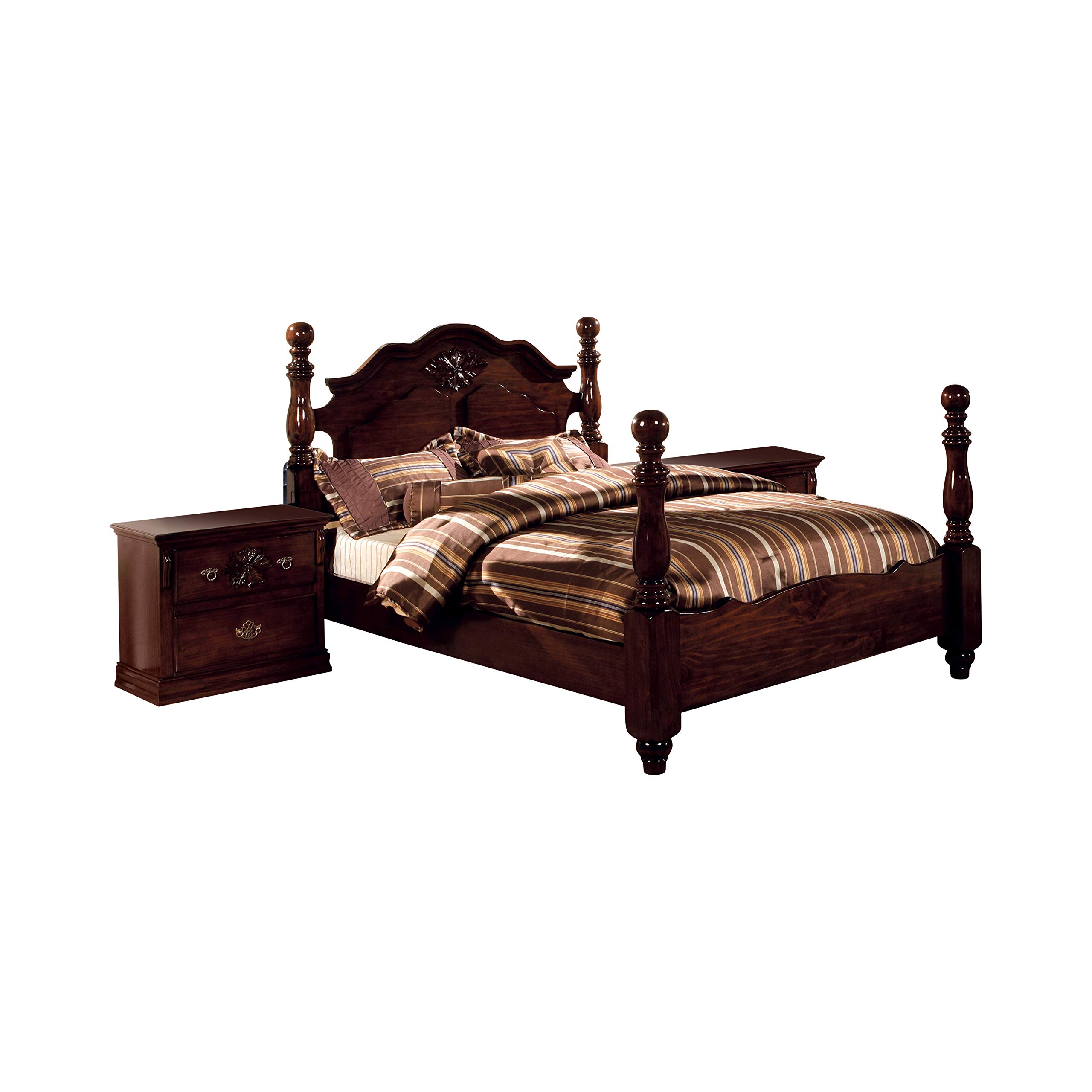 24/7 Shop at Home Vignetta Traditional Queen Bed Frame with 2 Nightstands Set - Glossy Dark Pine Finish - Perfect for Master Bedroom, Guest Room & Cozy Home Decor