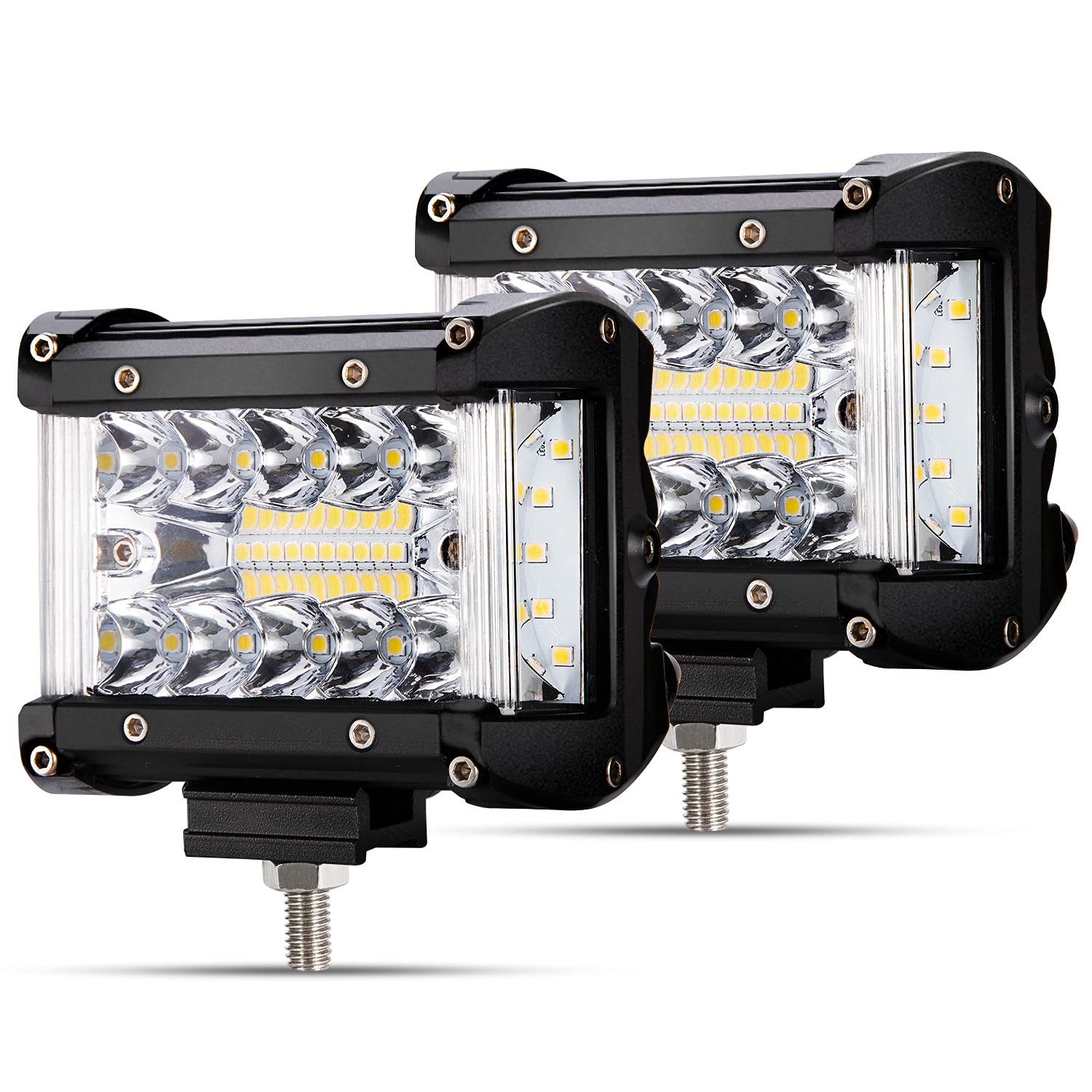 FieryRed 4 Inch LED Light Bar - 60W 8000LM Spot Flood Combo Off-Road Lights with IP68 Waterproof - Perfect for ATV, UTV, Truck & Boat - Side Shooter LED Pods for Work, Driving & Fog Use - 2 Pack with 1 Year Warranty