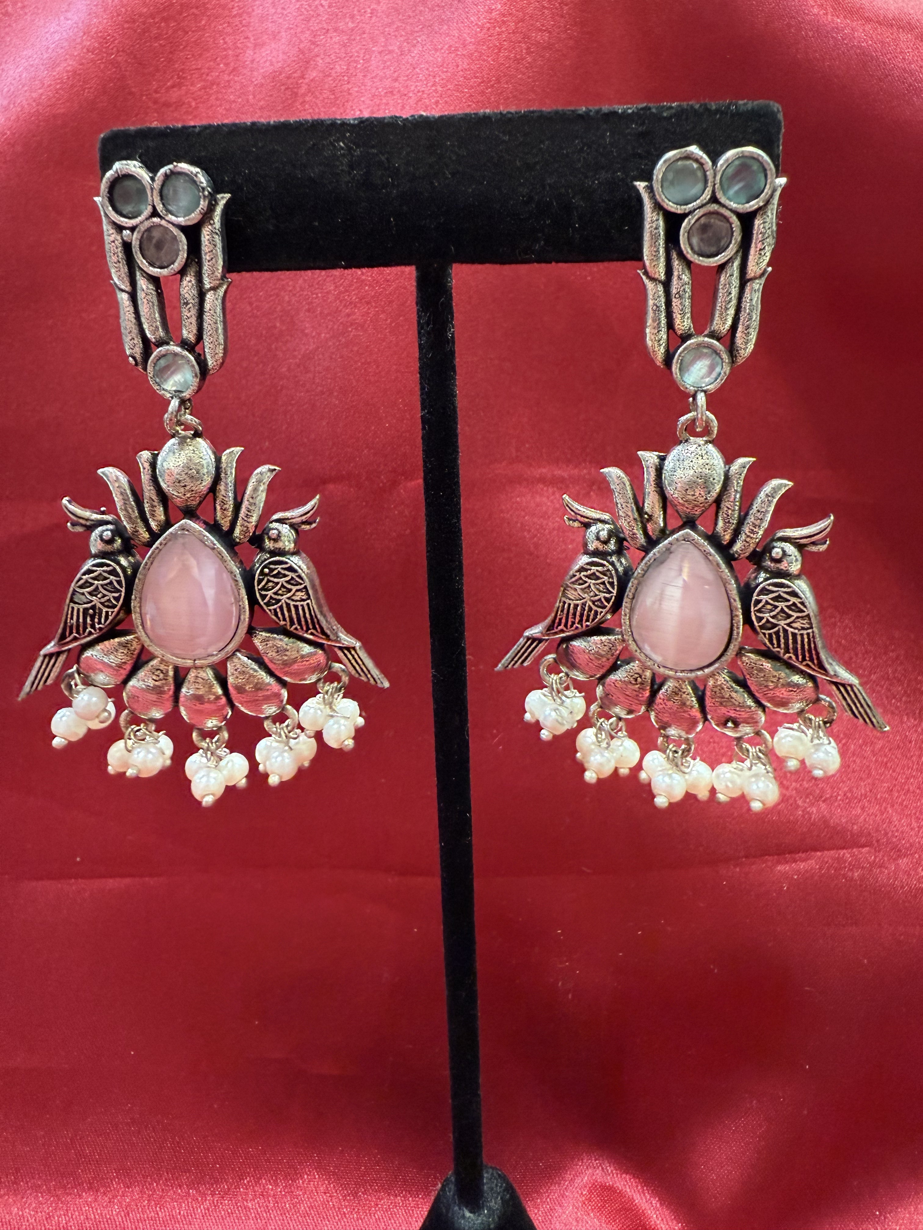 Elegant Light Pink Stone Bird Design Oxidized Beaded Earrings for Women - Boho Chic Jewelry Gift for Party, Wedding & Everyday Wear