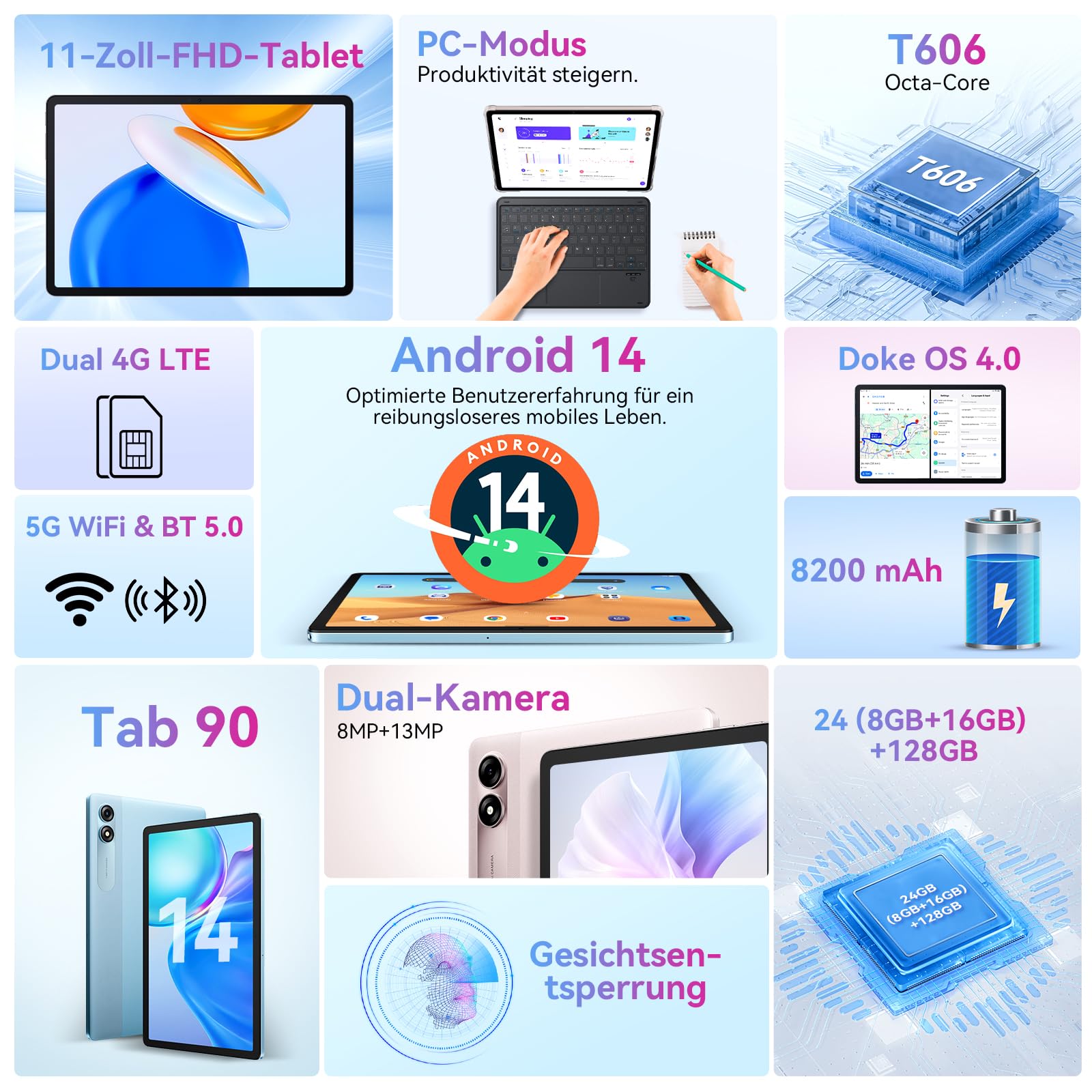 Blackview Tab 90 11-inch Android 14 Tablet - 24GB RAM 128GB ROM (Expandable to 2TB), 4G LTE/5G WiFi, 8200mAh Battery, Dual Camera, Widevine L1 - Perfect for Gaming, Streaming & Productivity on the Go