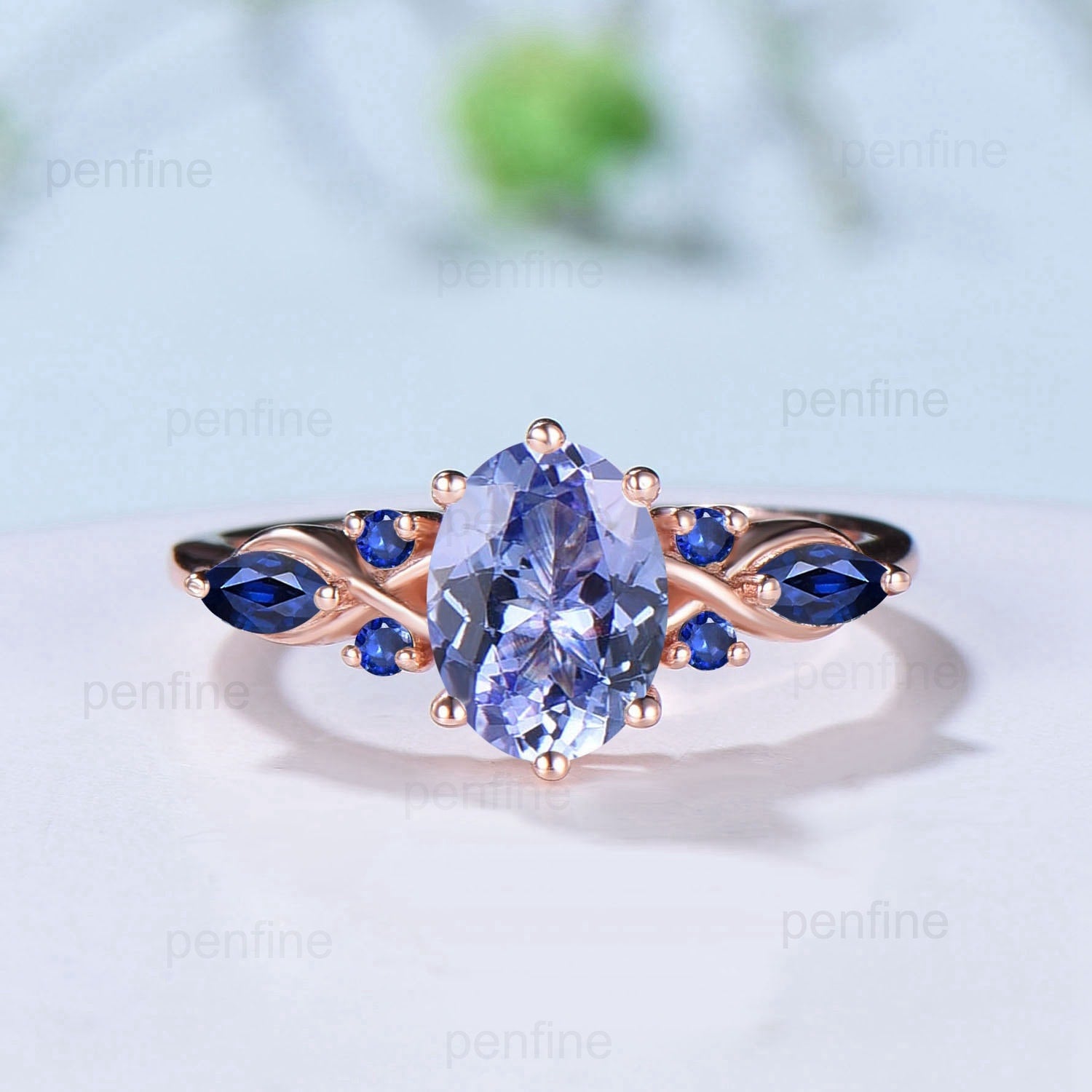 1.5CT Natural Oval Tanzanite & Marquise Blue Sapphire Engagement Ring Set - Nature Inspired Double Leaf Stacking Bridal Wedding Rings for Women - Perfect for Proposals, Anniversaries & Romantic Occasions