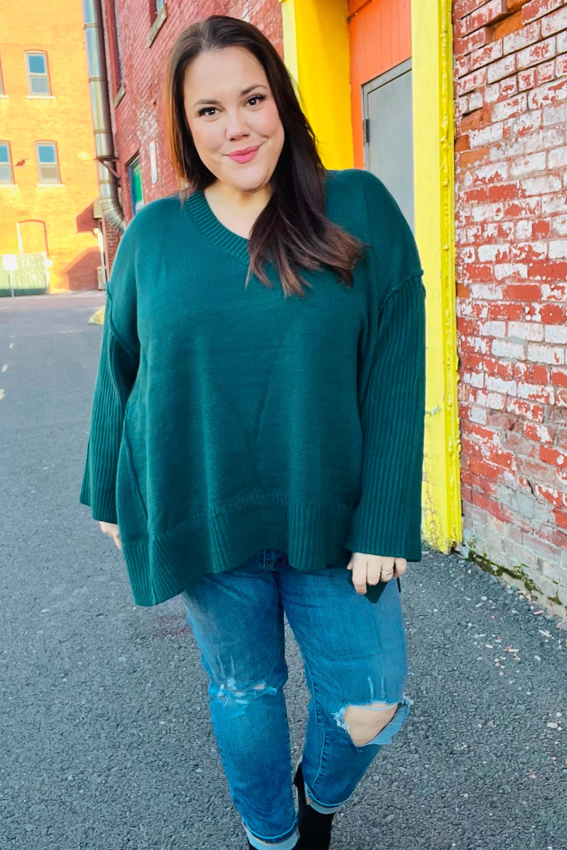 Stylish Hunter Green Oversized V-Neck Rib Knit Sweater for Women - Cozy Fall & Winter Layering Essential