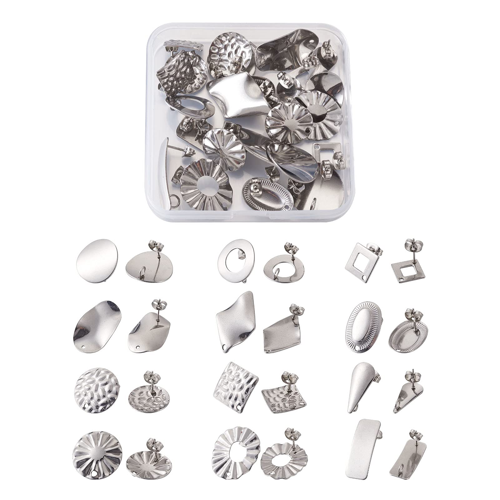 24Pcs Stainless Steel Earring Making Kit - Mixed Shape Stud Earring Findings with Loops & Ear Nuts for DIY Jewelry Crafting - Perfect for Earrings, Necklaces & Bracelets Making
