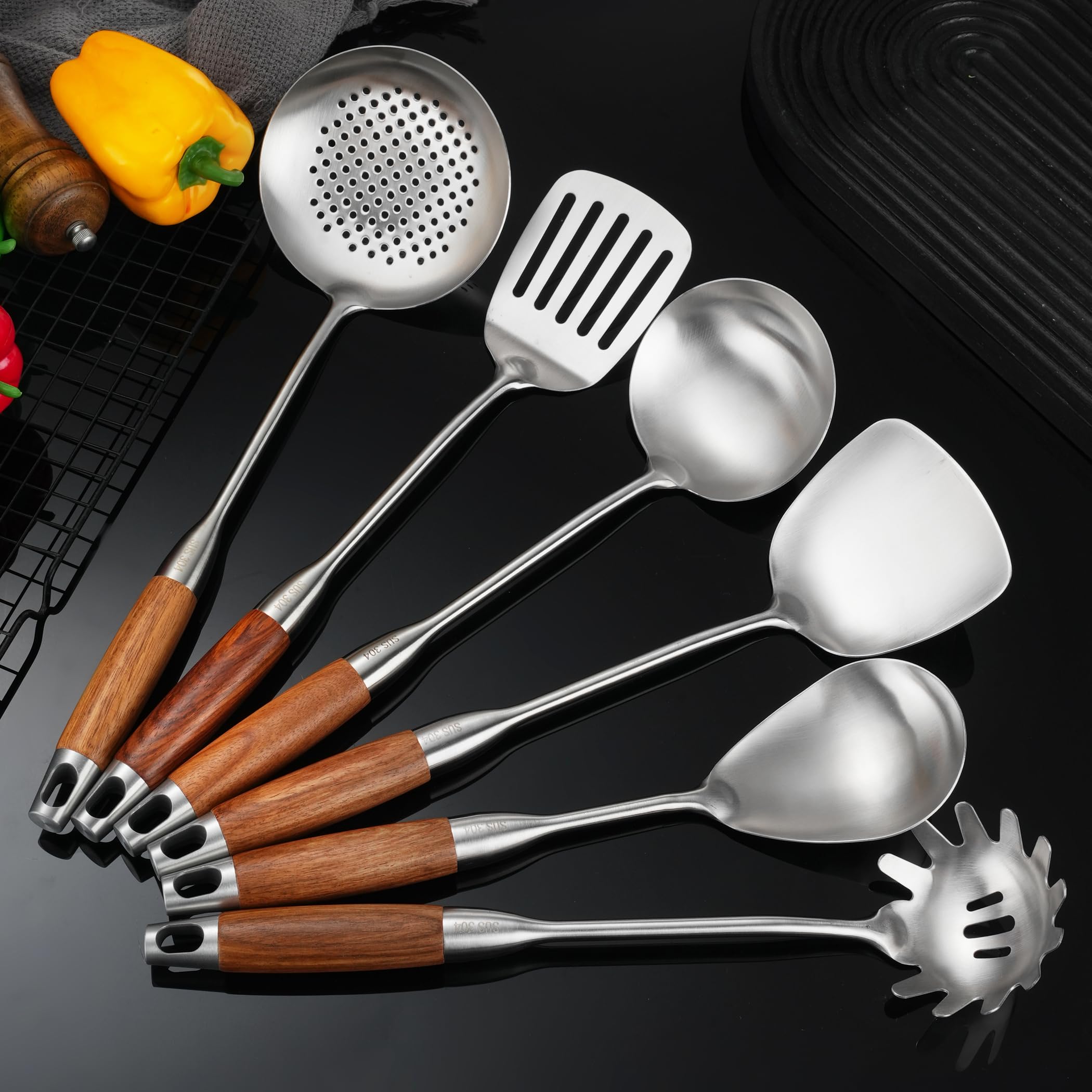 Premium 6-Piece Stainless Steel Kitchen Utensil Set with Wooden Handle - Wok Spatula, Ladle, Skimmer, Slotted Turner, Spaghetti Spoon & Large Spoon for Cooking, Frying & Serving - Ideal for Home Chefs & Restaurant Use