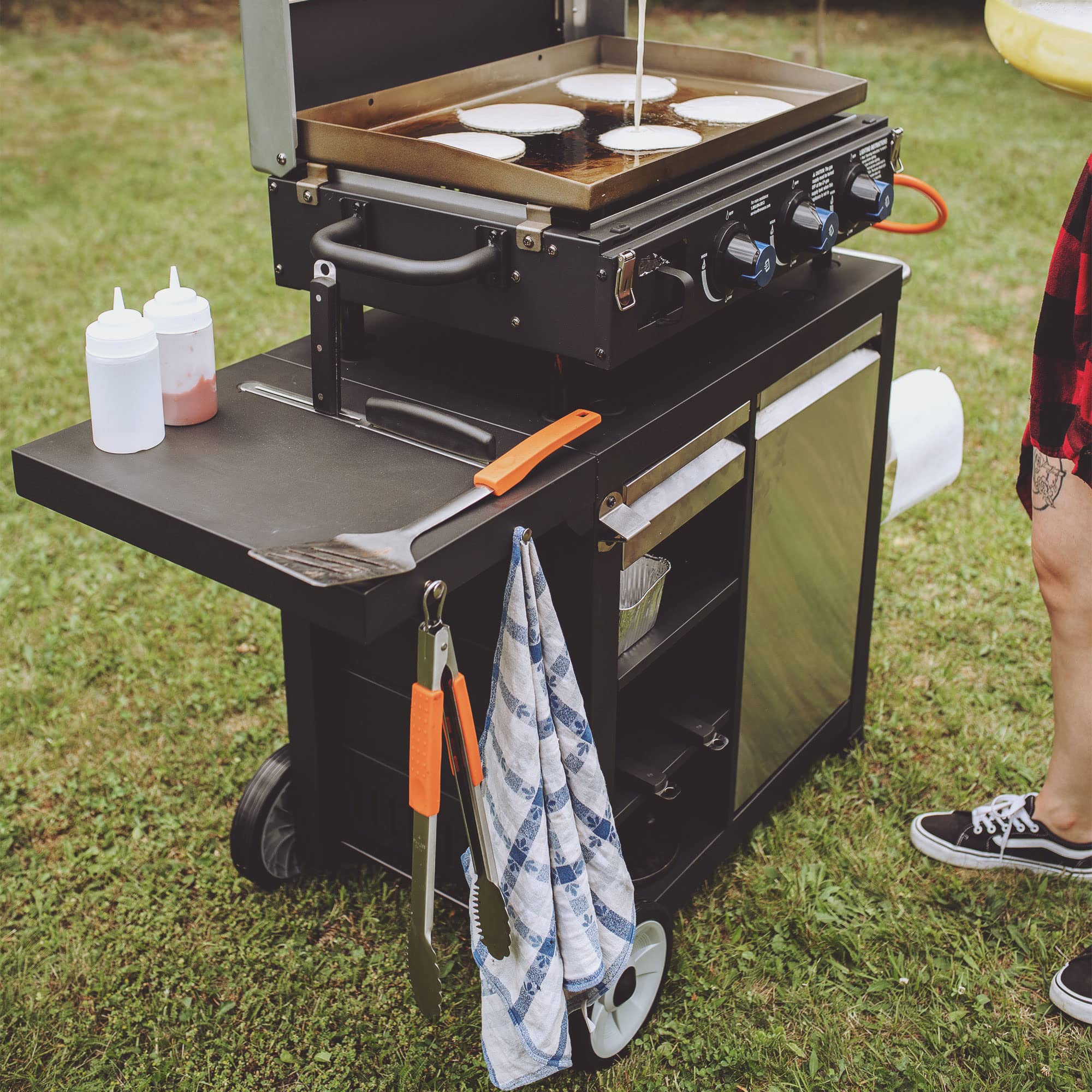 Universal Rolling Prep Cart with Shelves & Storage Drawer - Portable Outdoor Griddle & Grill Accessory - Black - Perfect for Backyard BBQs, Camping & Outdoor Cooking