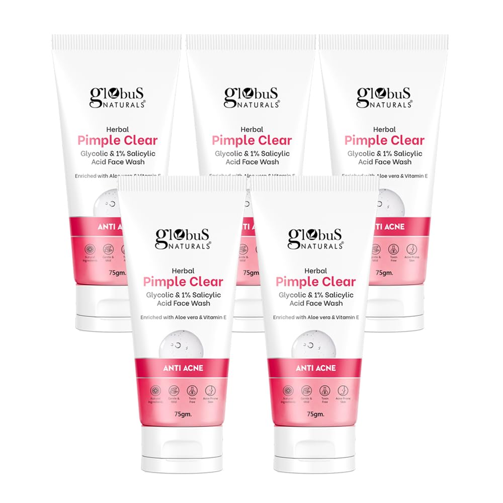 Globus Naturals Glycolic & Salicylic Acid Face Wash for Acne - 1% Salicylic Acid with Orange & Almond Extract - Oil Control & Pimple Treatment for Oily Skin - 75g (5 Pack) - Daily Cleanser for Teen & Adult Acne-Prone Skin