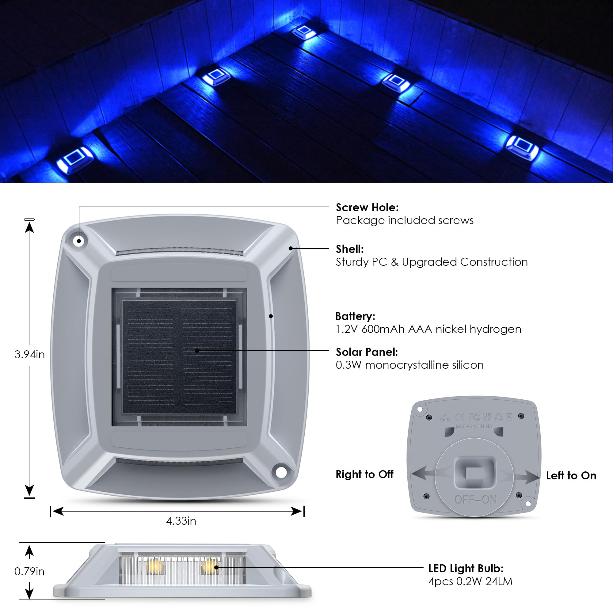 12-Pack Solar Driveway Lights - 4 LED IP68 Waterproof Marine Solar Dock Lights | Solar Powered Safety Markers for Pathway, Sidewalk, Garden, Stair & Deck | Auto Dusk to Dawn (Blue) | Perfect for Outdoor Lighting, Landscape Decoration & Nighttime Safety