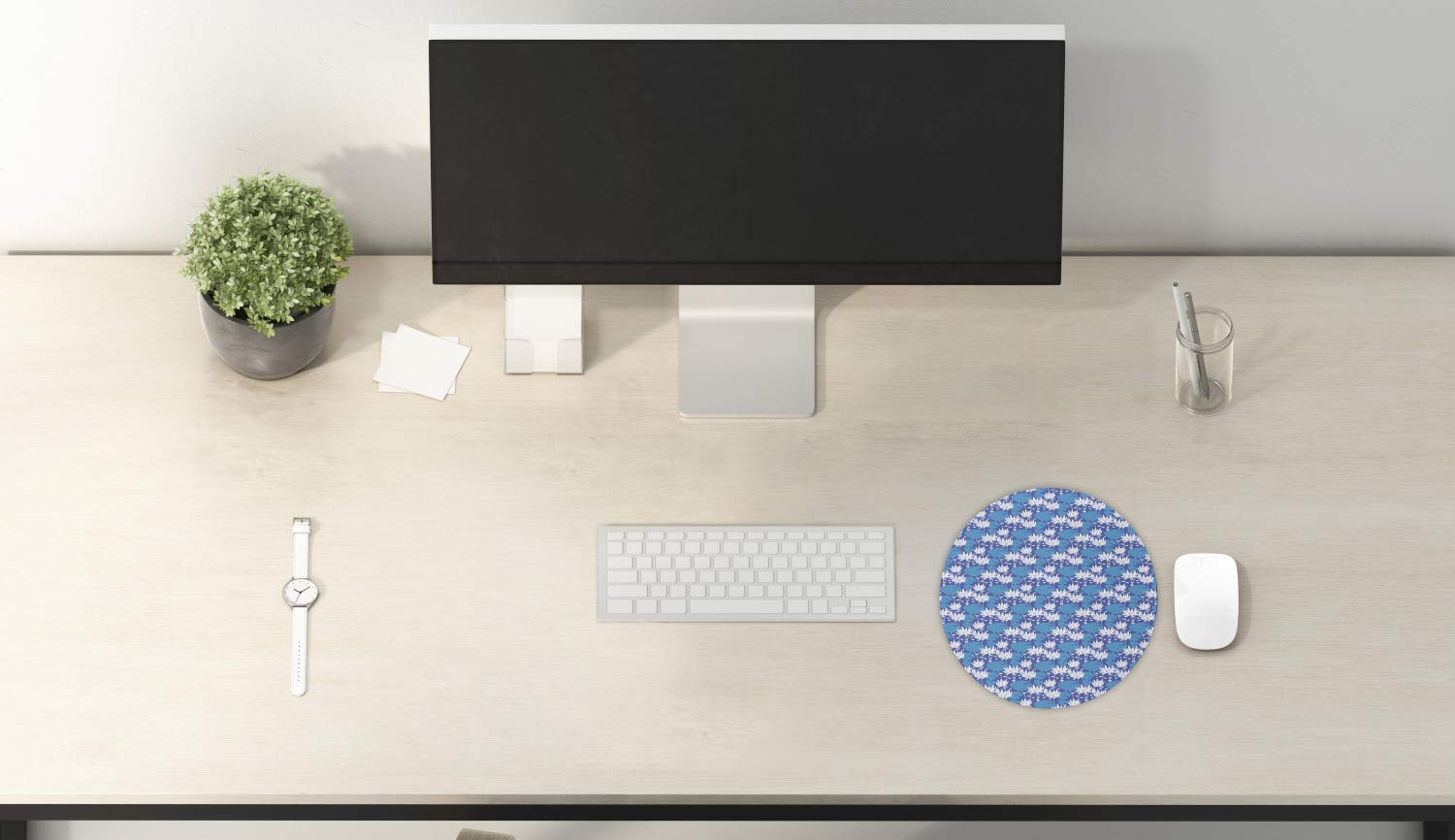 Ambesonne Floral Computer Mouse Pad - Non-Slip Round Gaming Mousepad with Abstract Water Lily Design, 8 Inch Thick Rubber Base in Violet Blue Sea Blue Colors | Perfect for Office, Home & Gaming Setups