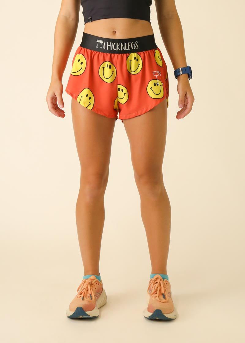 Women's Smiley 1.5 Inch Split Running Shorts - High Waisted Athletic Shorts for Yoga, Gym & Summer Workouts
