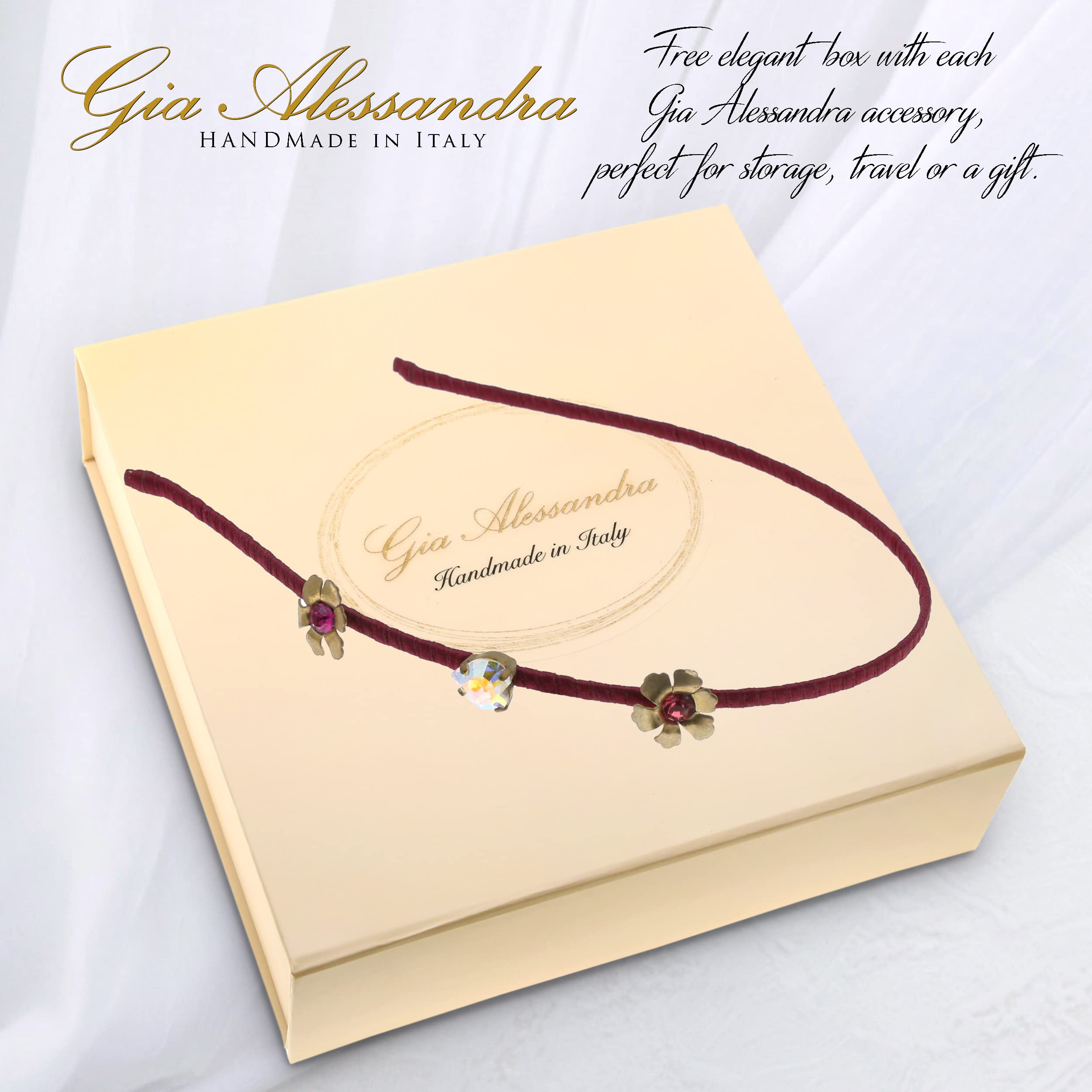 Italian Handmade Thin Red Brass Headband with Swarovski Crystals & Flowers for Weddings & Parties