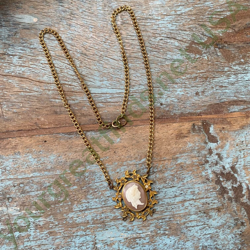Vintage Gold Filled Cameo Necklace with Rhinestones - Elegant Antique Jewelry for Women, Perfect for Weddings, Parties & Special Occasions