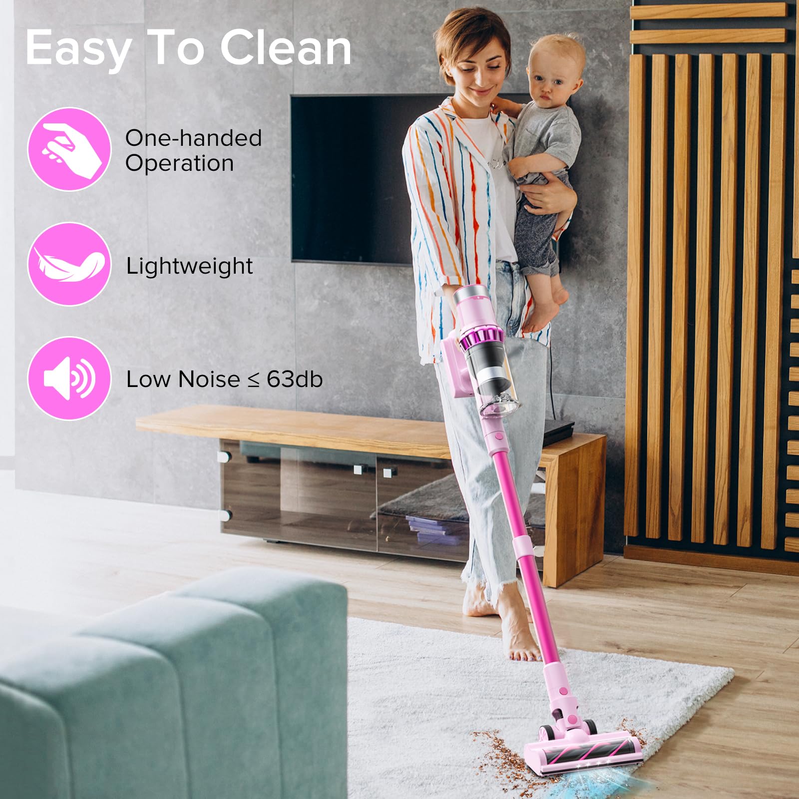 Belife 38KPa 450W Cordless Stick Vacuum Cleaner for Home, Carpet & Hardwood Floors - Wireless Rechargeable Vacuum for Pet Hair with LED Touch Display, 45 Mins Runtime - Lightweight & Powerful (Pink) | Perfect for Quick Cleanups, Pet Owners & Multi-Surface Homes