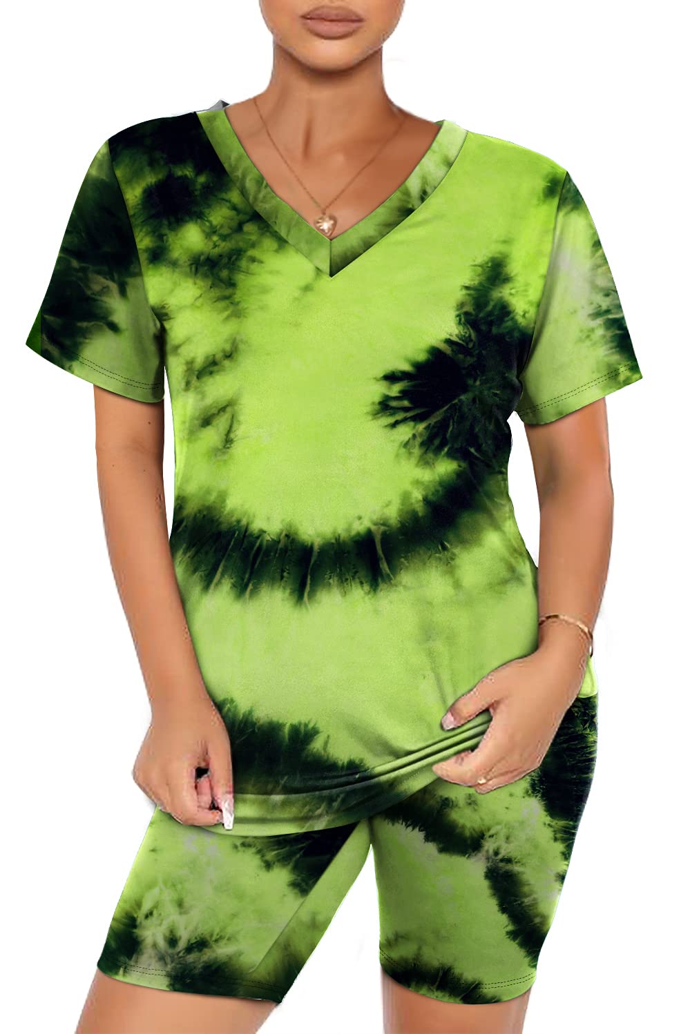 WIHOLL Women's Two Piece Outfits - Short Sleeve V Neck Top & Biker Shorts Set | Casual Summer Workout & Lounge Wear