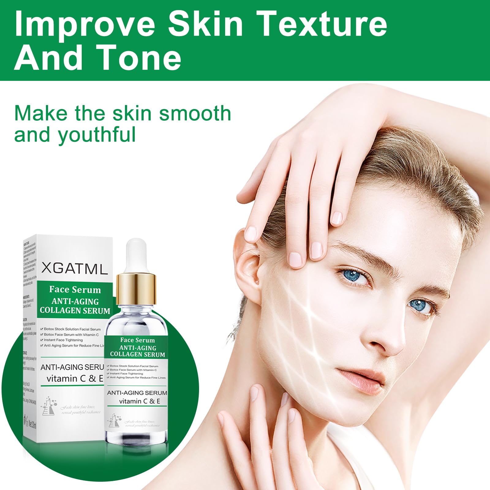 XGATML Vitamin C & E Face Serum - Anti-Aging Facial Treatment for Wrinkles, Skin Tightening & Collagen Boost | Plumping Serum for Youthful Glow | Day & Night Skincare Routine