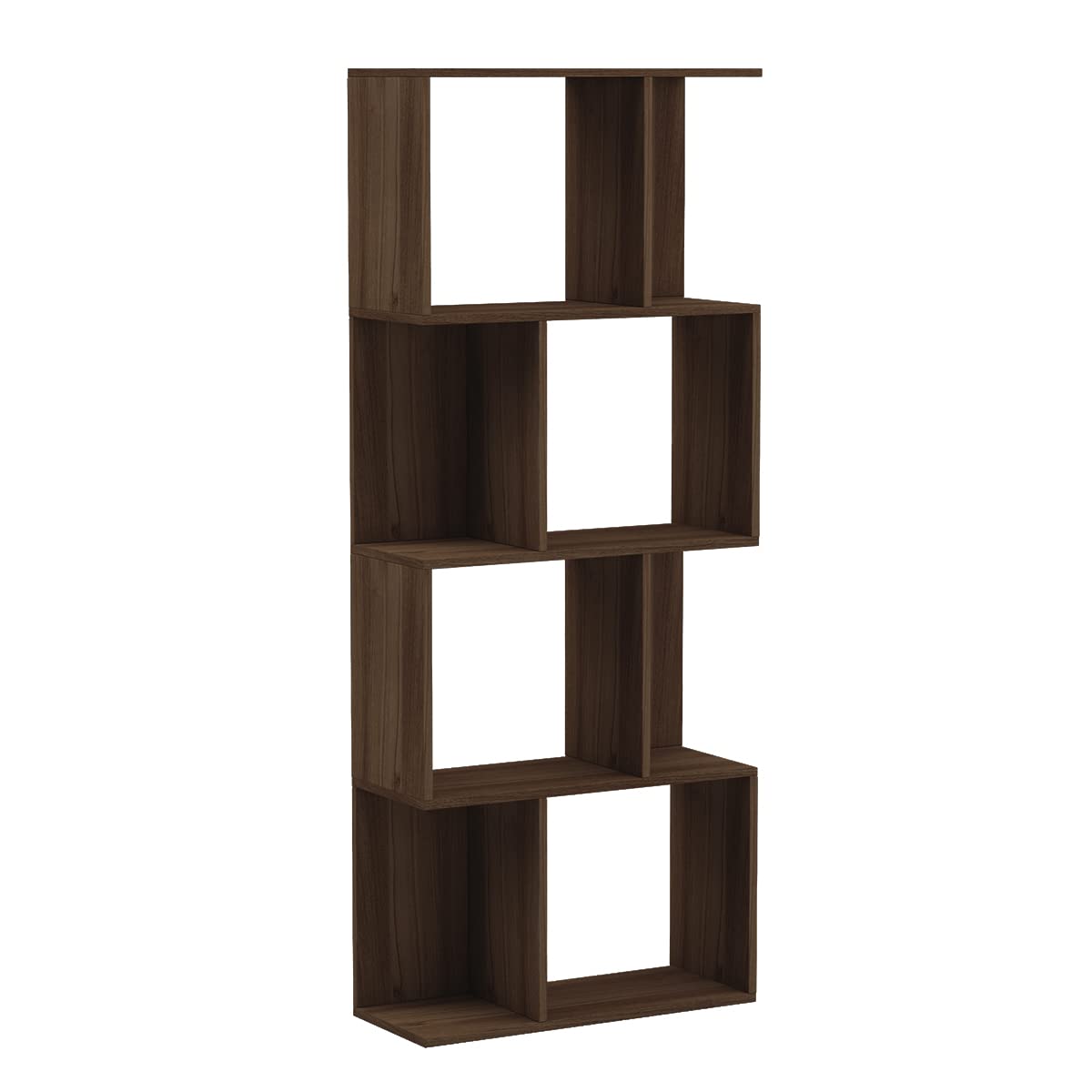 VANSPACE 4-Tier Geometric Bookcase with Storage - Modern S-Shaped Bookshelf & Room Divider - Freestanding Industrial Shelf for Bedroom, Living Room, Office - Walnut Finish - Perfect for Home Decor, Book Storage & Space Organization