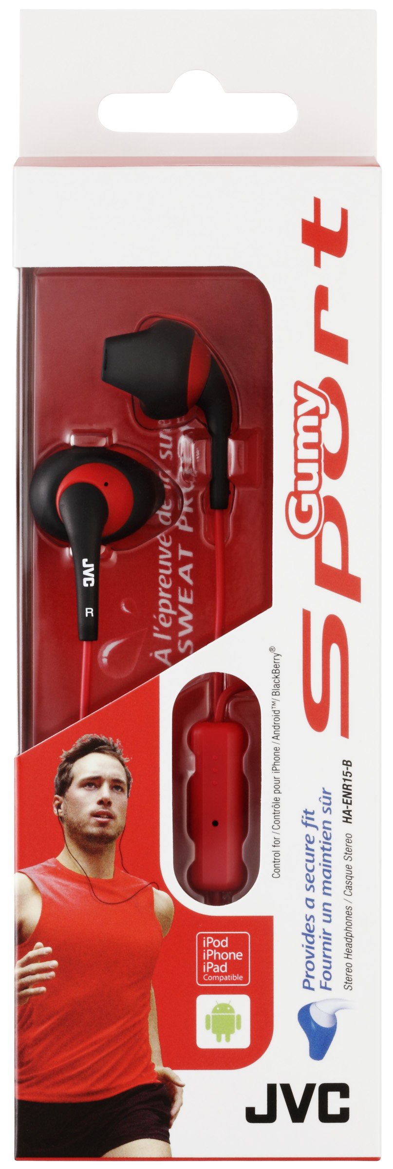 JVC HAENR15B Wired Gumy Sport Headphones with Built-in Microphone - Black | Lightweight & Sweatproof for Running, Gym Workouts & Active Lifestyles