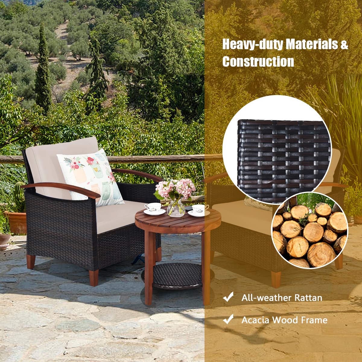 RELAX4LIFE 3-Piece Outdoor Patio Furniture Set - 2 Wicker Chairs with Acacia Wood Table & Removable Cushions, Rattan Sofa Set for Garden, Porch, Balcony (Beige) - Perfect for Relaxing, Entertaining, and Outdoor Dining