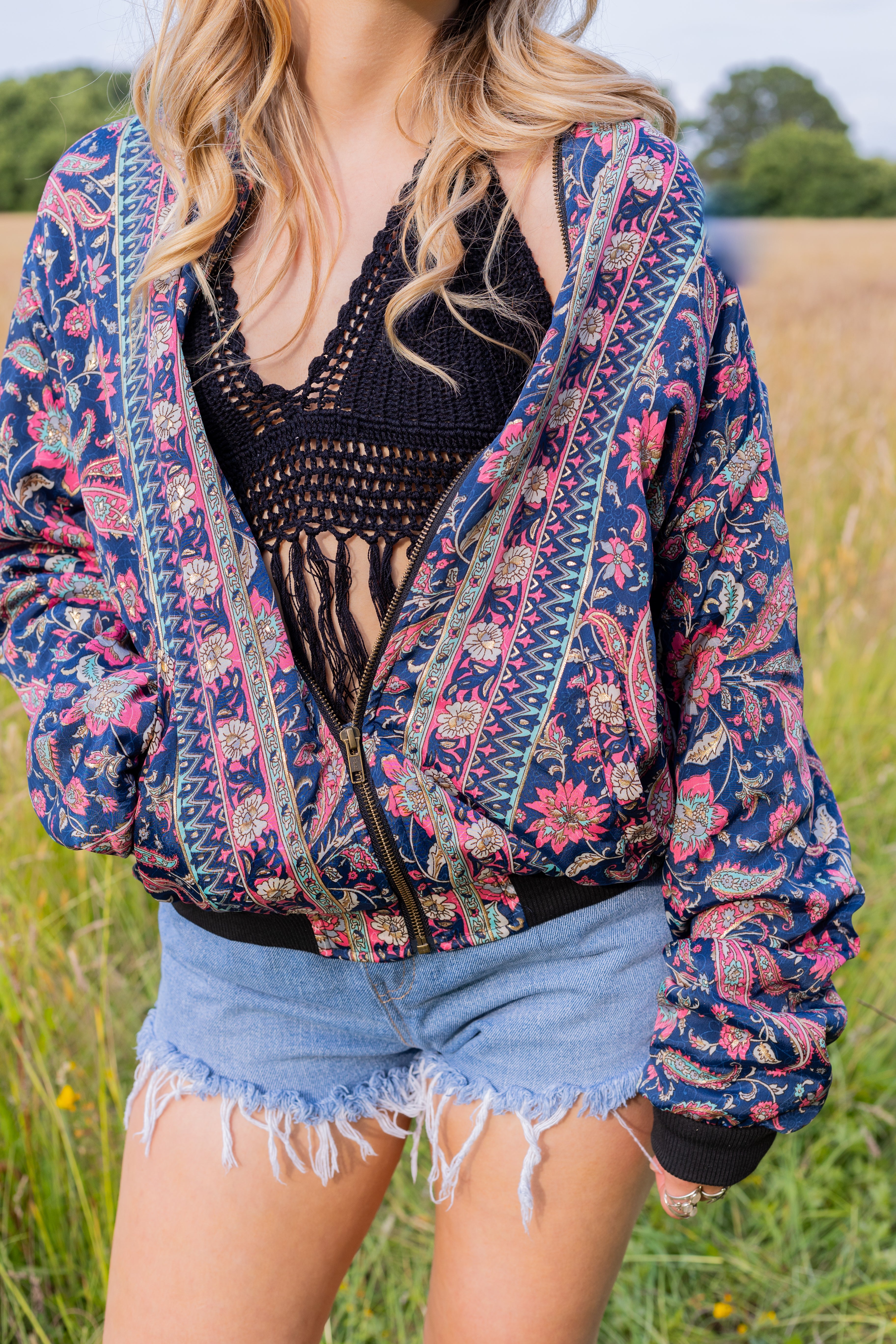 Eco-Friendly Recycled Sari Bomber Jacket for Women | Medium (UK Size 12-14) | Casual Outerwear for Streetwear & Sustainable Fashion Lovers