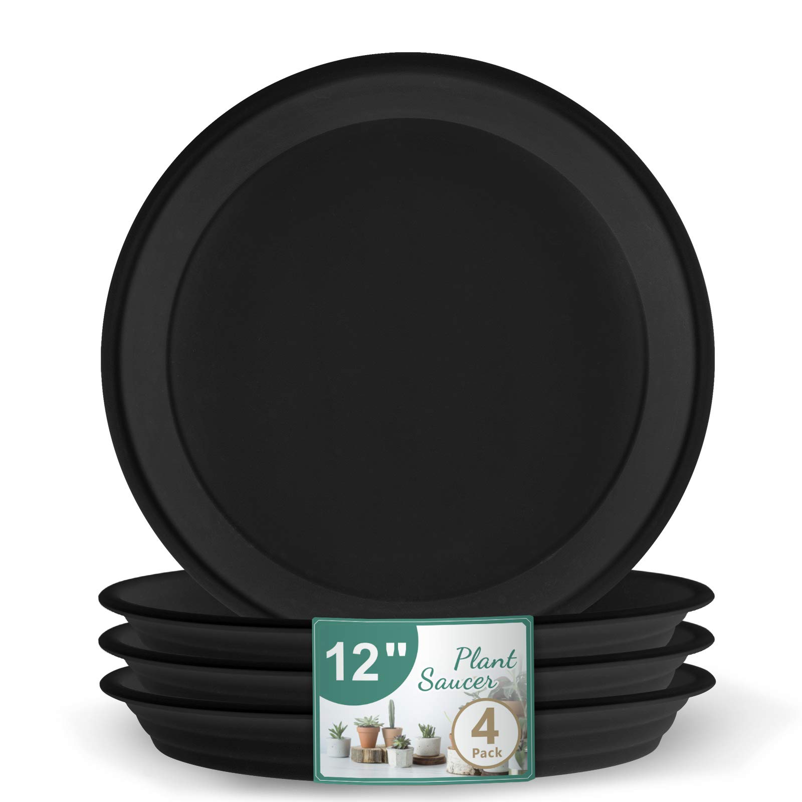 JOYSEUS 12 Inch Plant Saucer - 4 Pack Heavy Duty Plastic Plant Trays for Indoor & Outdoor Pots - Durable Water Catcher for Garden, Patio, and Home Decor