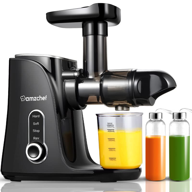 AMZCHEF Slow Masticating Juicer Extractor - Cold Press Juicer with 2 Speed Modes, 500ML Travel Bottles & LED Display | Quiet Motor for Fruits & Vegetables | Easy to Clean with Brush | Perfect for Healthy Juicing at Home, Gym or Office (Black)