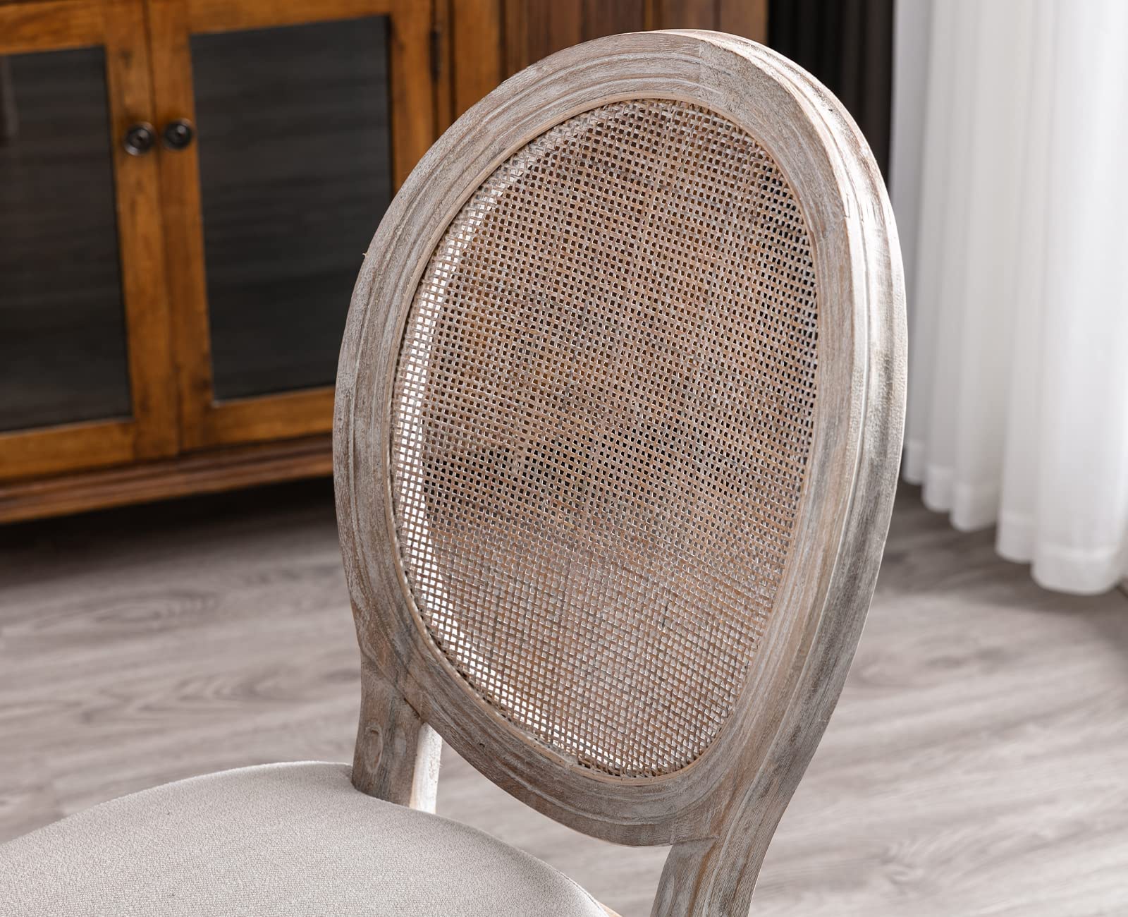 Kmax Farmhouse Dining Chairs Set of 2 - Distressed French Country Style Upholstered Chairs with Round Rattan Back, Tufted Kitchen Seating in Beige - Perfect for Dining Room, Breakfast Nook & Cozy Bedroom Sitting Area