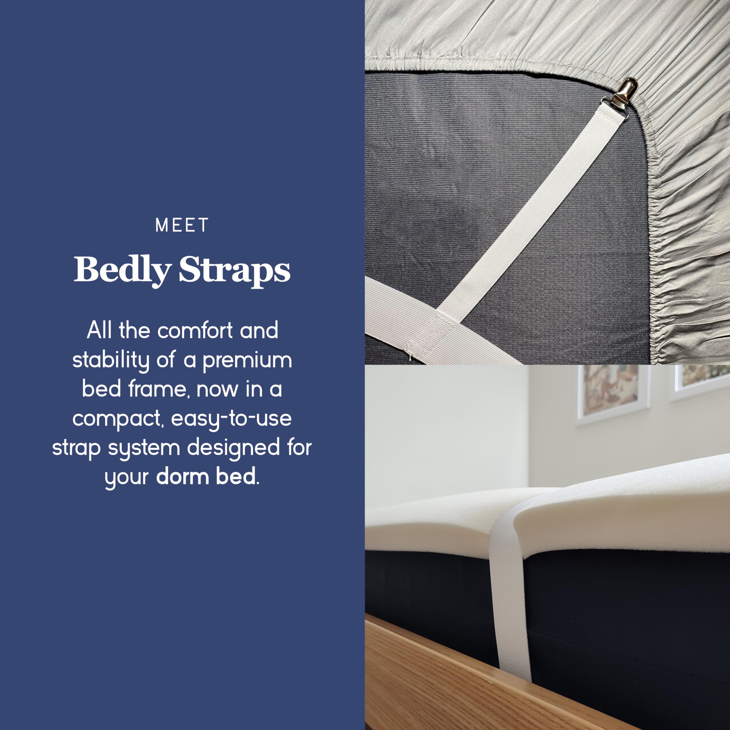 Bedly Straps - Twin XL Certified Bed Straps for Mattress Topper, College Dorm Essentials with Secure Clips - Perfect for Keeping Sheets in Place, Preventing Shifting During Sleep (Ideal for Dorms, Bunk Beds & Adjustable Beds)