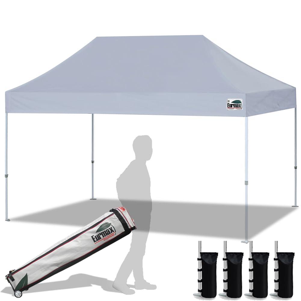 Eurmax USA 10'x15' Heavy Duty Commercial Pop Up Canopy Tent with Roller Bag & 4 Sand Weight Bags - Instant Shelter for Outdoor Events, Markets, Beach, Camping (Grey)