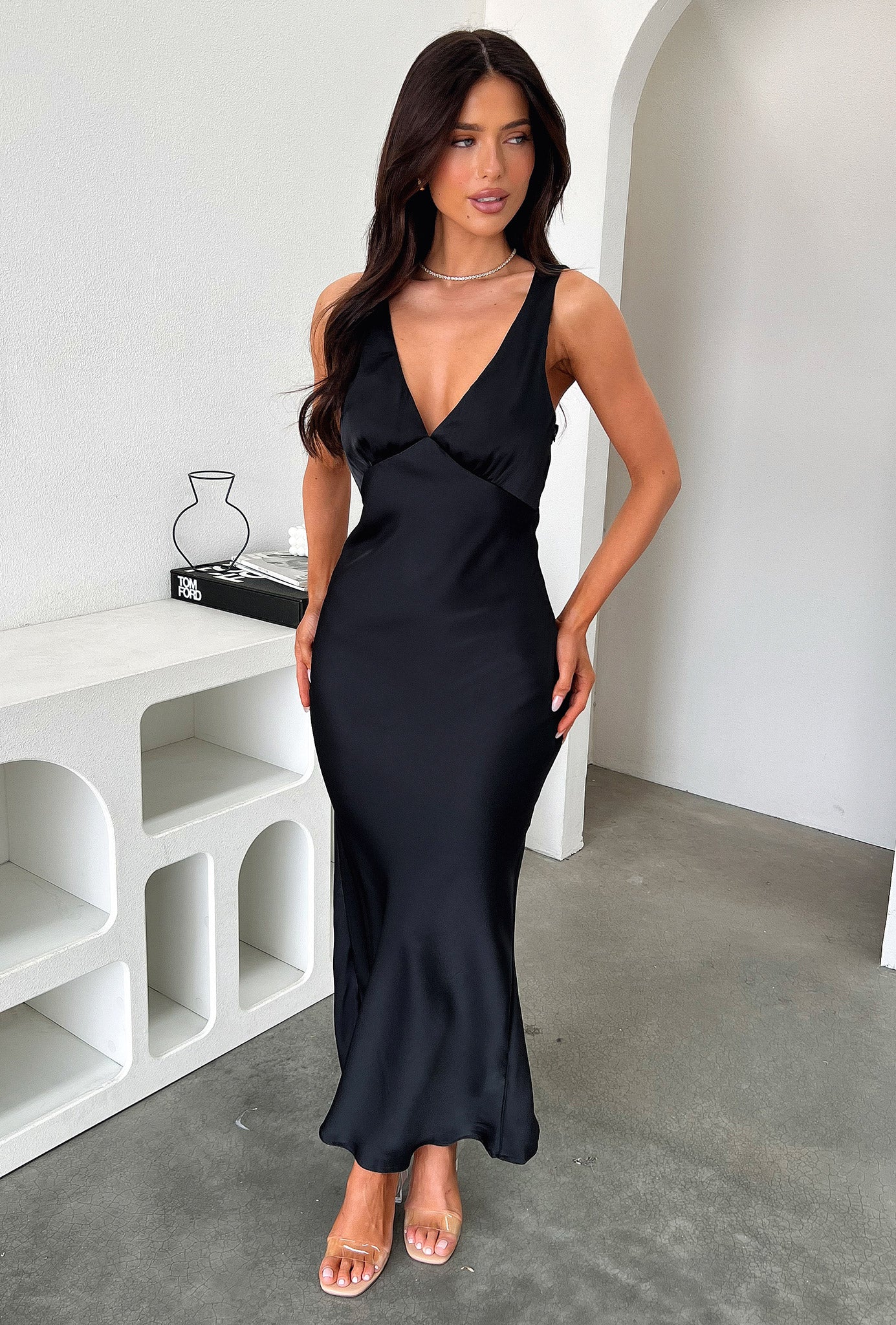 Elegant Delayne V-Neck Satin Midi Dress in Black - Perfect for Cocktail Parties, Date Nights & Formal Events