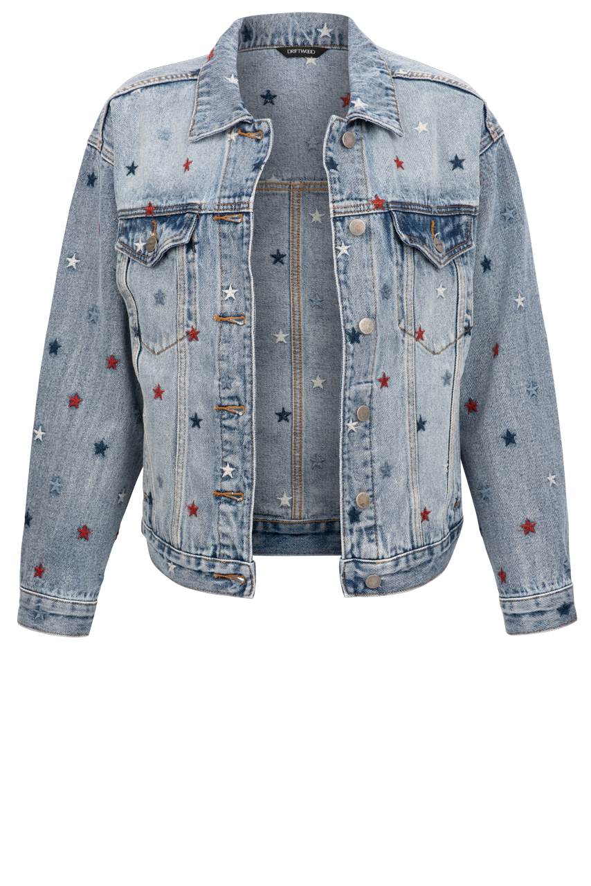 Stylish Driftwood Star Denim Jacket for Women - Vintage Distressed Denim Coat with Star Embroidery | Perfect for Casual Outfits, Fall Layering & Boho Fashion