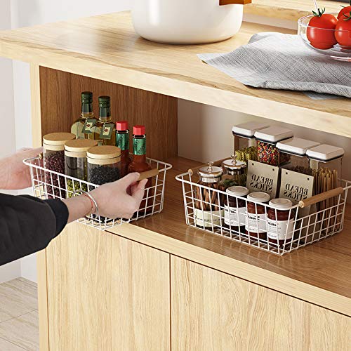 Farmhouse Style Metal Wire Baskets - 4 Pack White Kitchen Organizers with Built-in Handles for Refrigerator, Pantry, Cabinet & Bathroom Storage | Perfect for Food, Produce, Toiletries & Household Organization