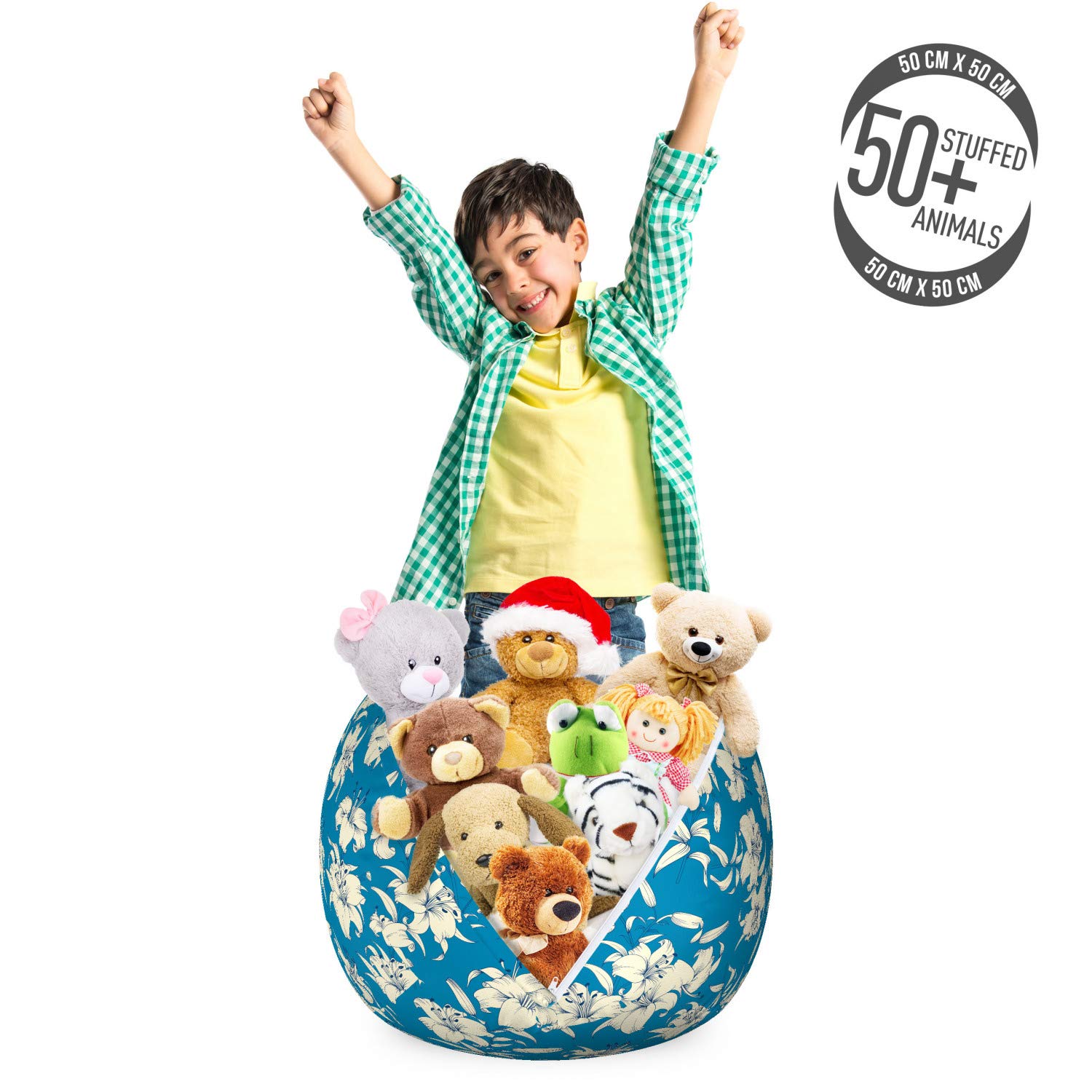 Ambesonne Floral Storage Toy Bag Chair - Blooming Lily Flowers Pattern, Washable Stuffed Animal Organizer, Small Size, Sea Blue Eggshell - Perfect for Kids' Room, Nursery, and Playroom Organization