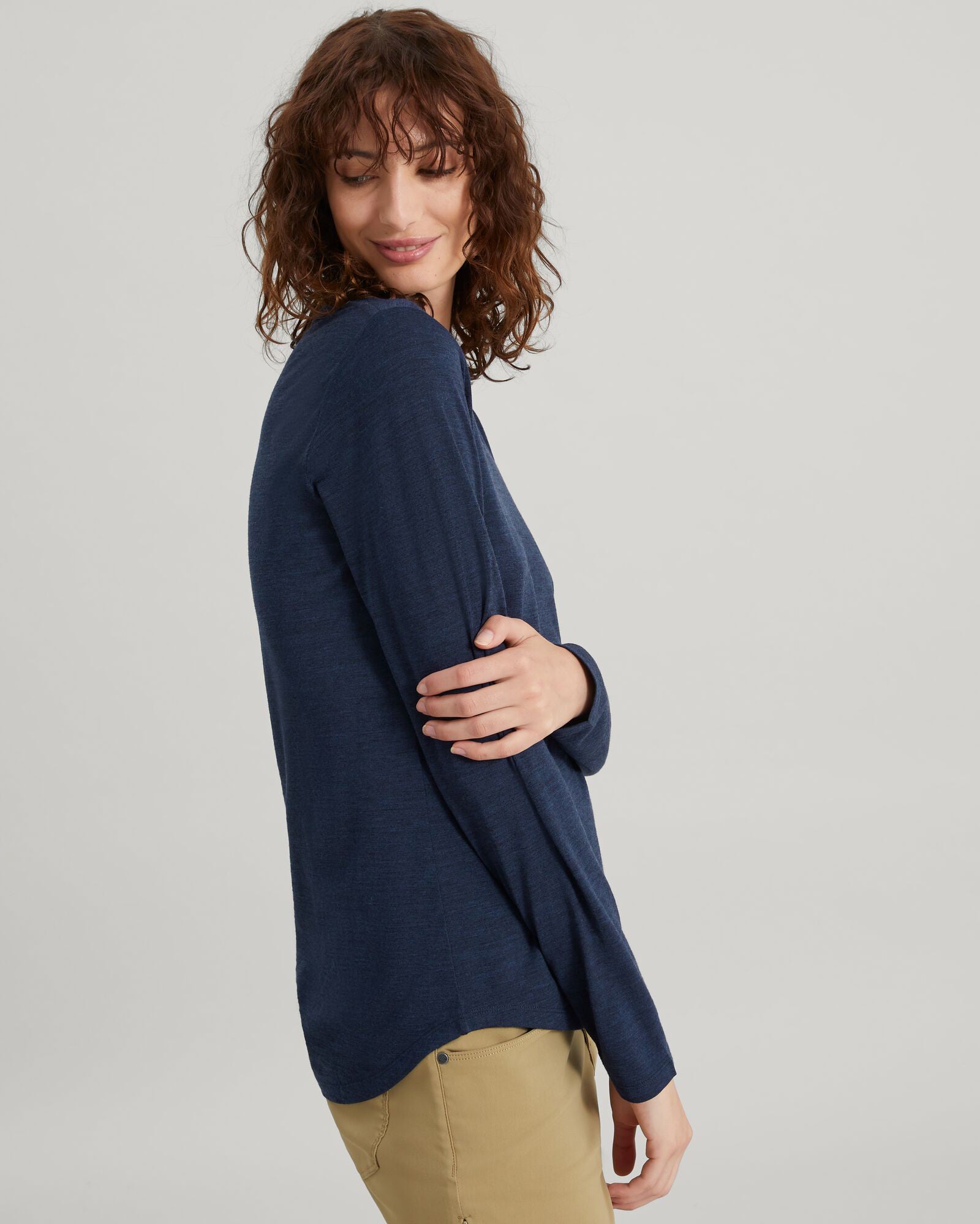 100% Merino Wool Women's Long Sleeve V-Neck Top - Midnight Navy Marle - Perfect for Winter Layering & Outdoor Activities