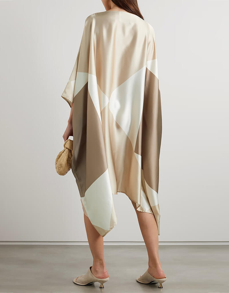 Luxury Beige & White Soft Satin Silk Kaftan Dress for Women - Elegant Loungewear & Beach Cover Up - Perfect for Vacation, Bridal Party, and Spa Days