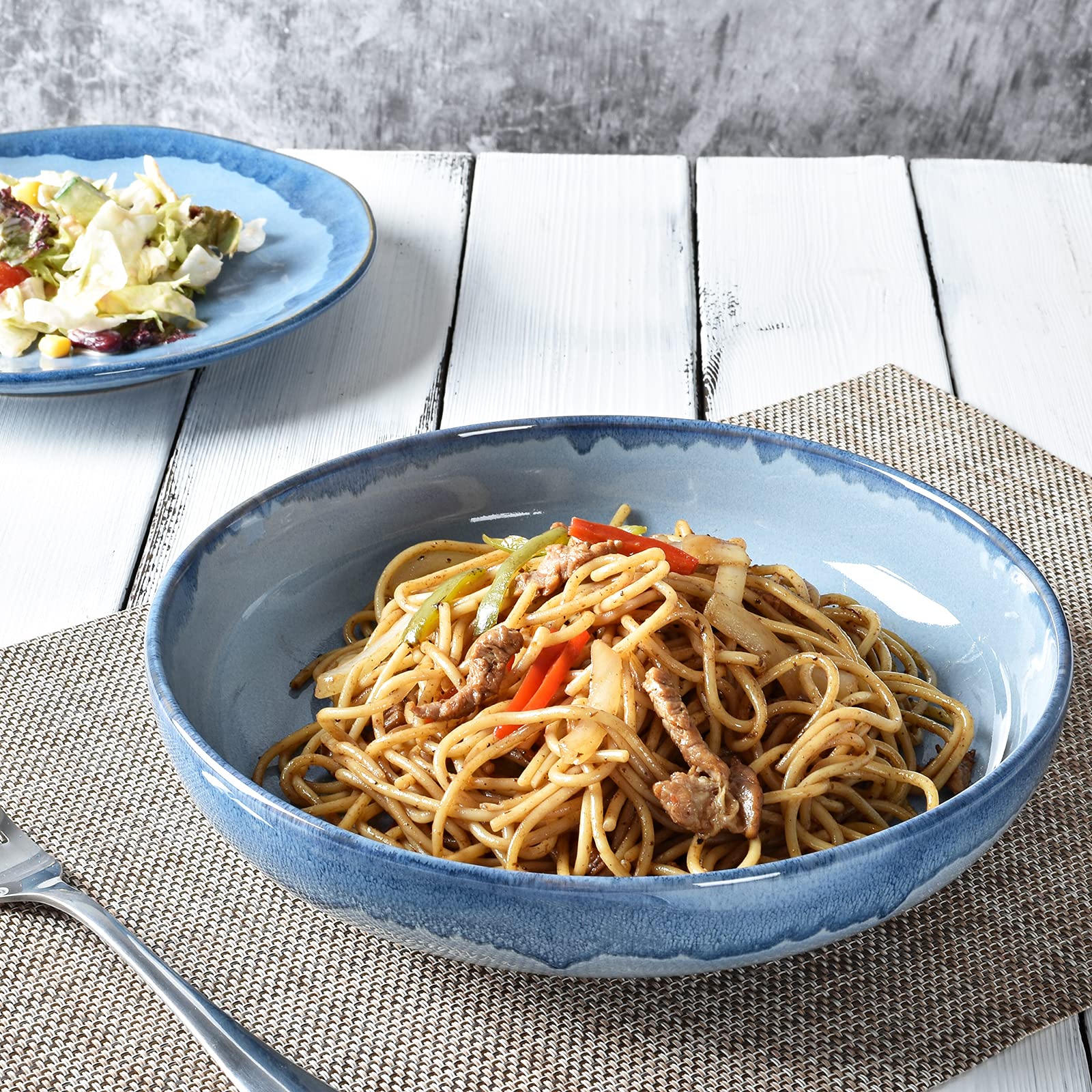 Bosmarlin 40oz Stoneware Pasta Bowls Set of 4 - Large Microwave & Dishwasher Safe Salad Bowls (Light Blue, 9.3 Inch) - Perfect for Italian Pasta, Greek Salad & Family Dinners
