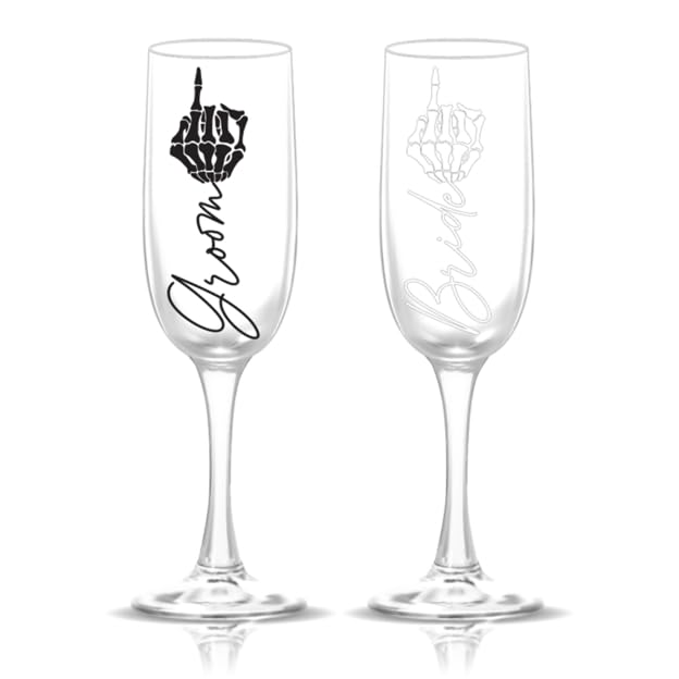 Personalized Skeleton Bride and Groom Champagne Flute Set - Gothic Wedding Glassware for Halloween, Gothic Weddings, and Unique Anniversary Gifts