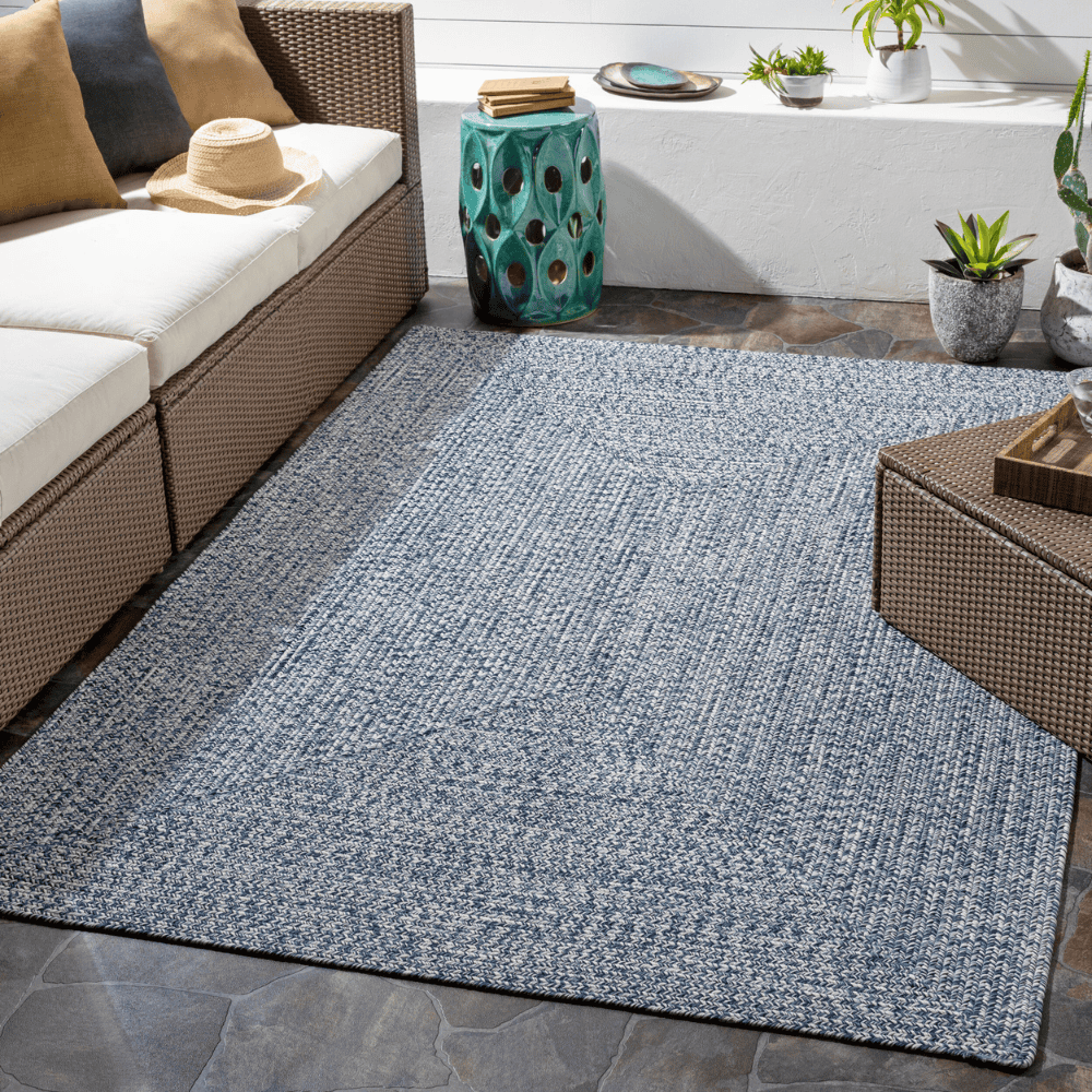 Durable Machine Woven Outdoor Rug for Patio & Deck - Chesapeake Bay Denim Blue - All-Weather Resistant & Easy to Clean - Perfect for Backyard, Poolside & Garden Decor